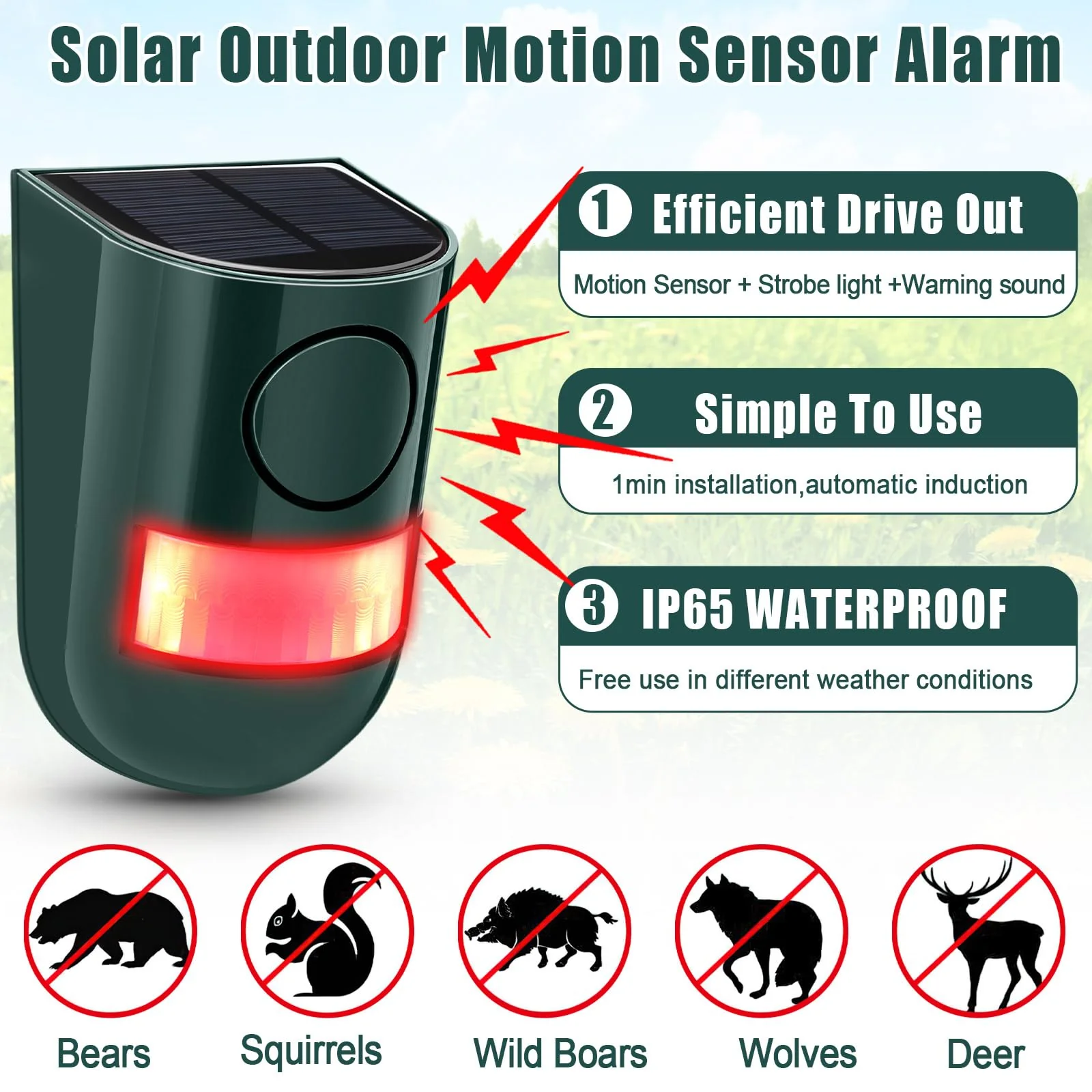 Qualirey Solar Sound and Light Alarm Motion Sensor 129db Outdoor Security Siren Waterproof Activated Detector Driveway Alarm 6 LEDs Flash Warning Deterrent Strobe System for Home, Farm(Green,4 Pack) 4 Green - Image 4