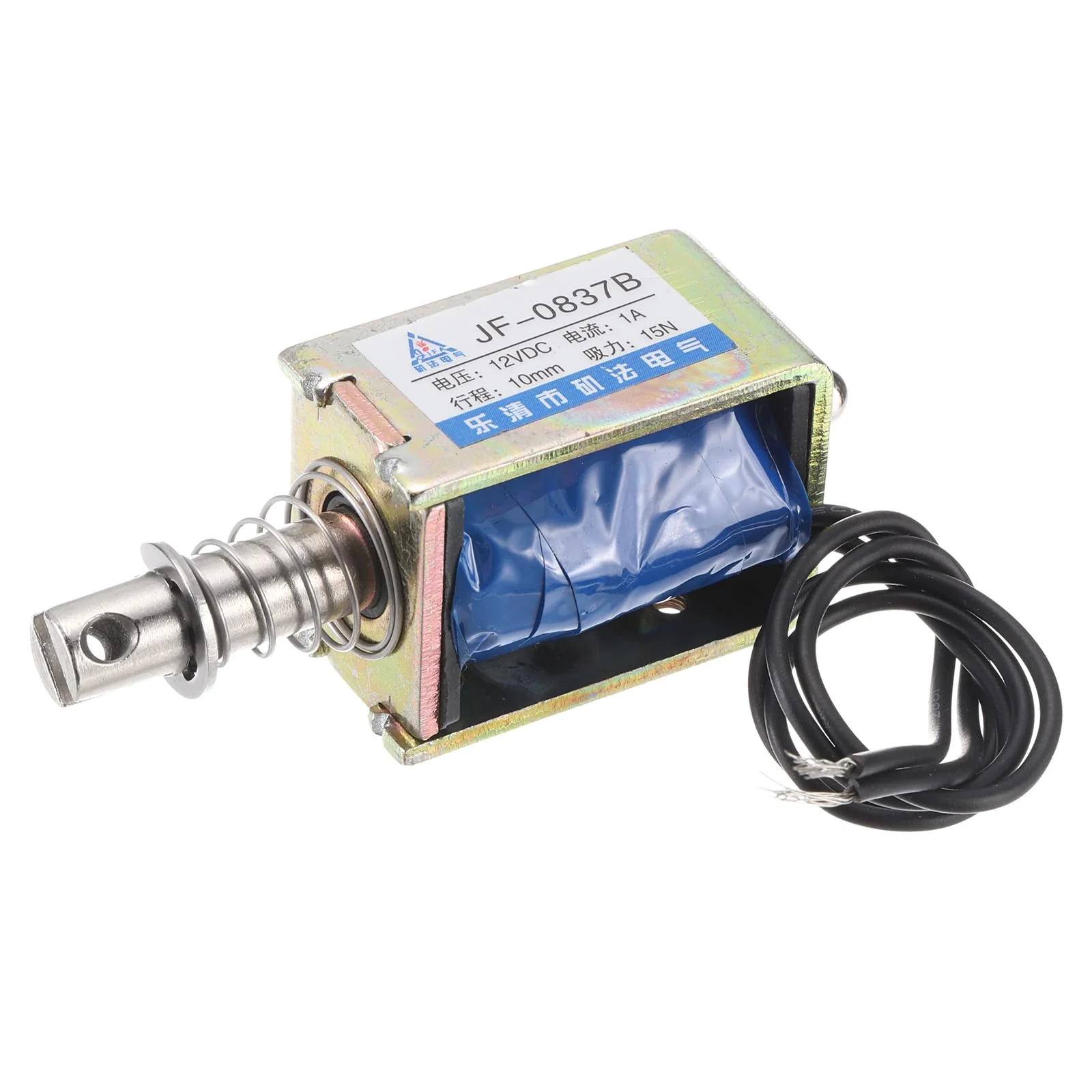 QUARKZMAN DC 12V 1A Solenoid Electromagnet Push Type 15N 10 mm Hub Electromagnetic Actuator Open Frame Linear Motion JF-0837B Magnet Electromagnet, Black Cable
