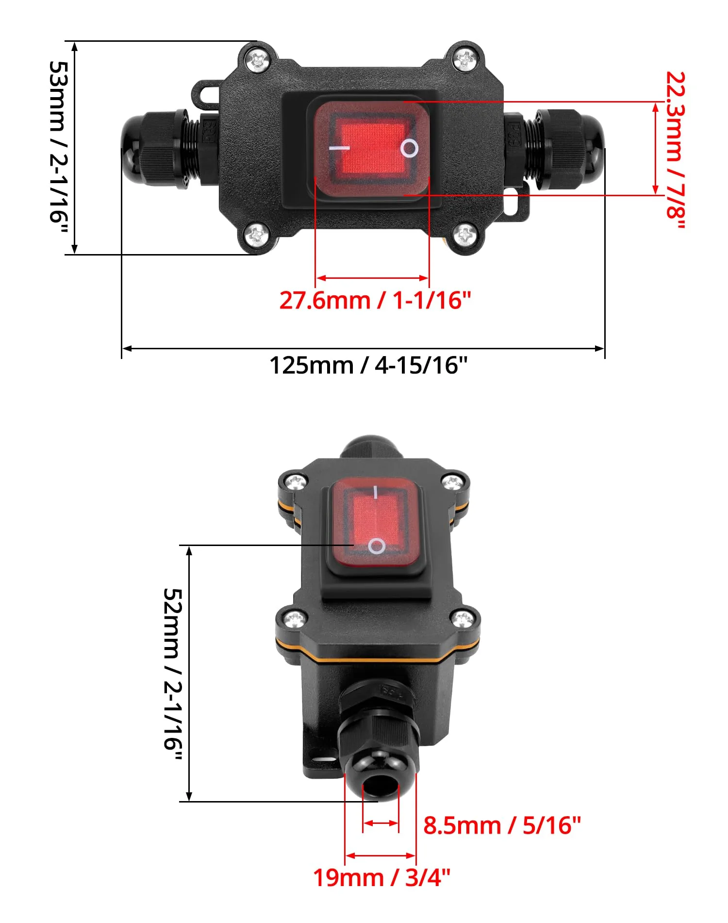 QWORK® IP65 Waterproof Inline Cable Switch with Red Indicator Light, 220V 30A, DPST Rocker Switch, Dual Position On/Off Rocker Switch - Image 6
