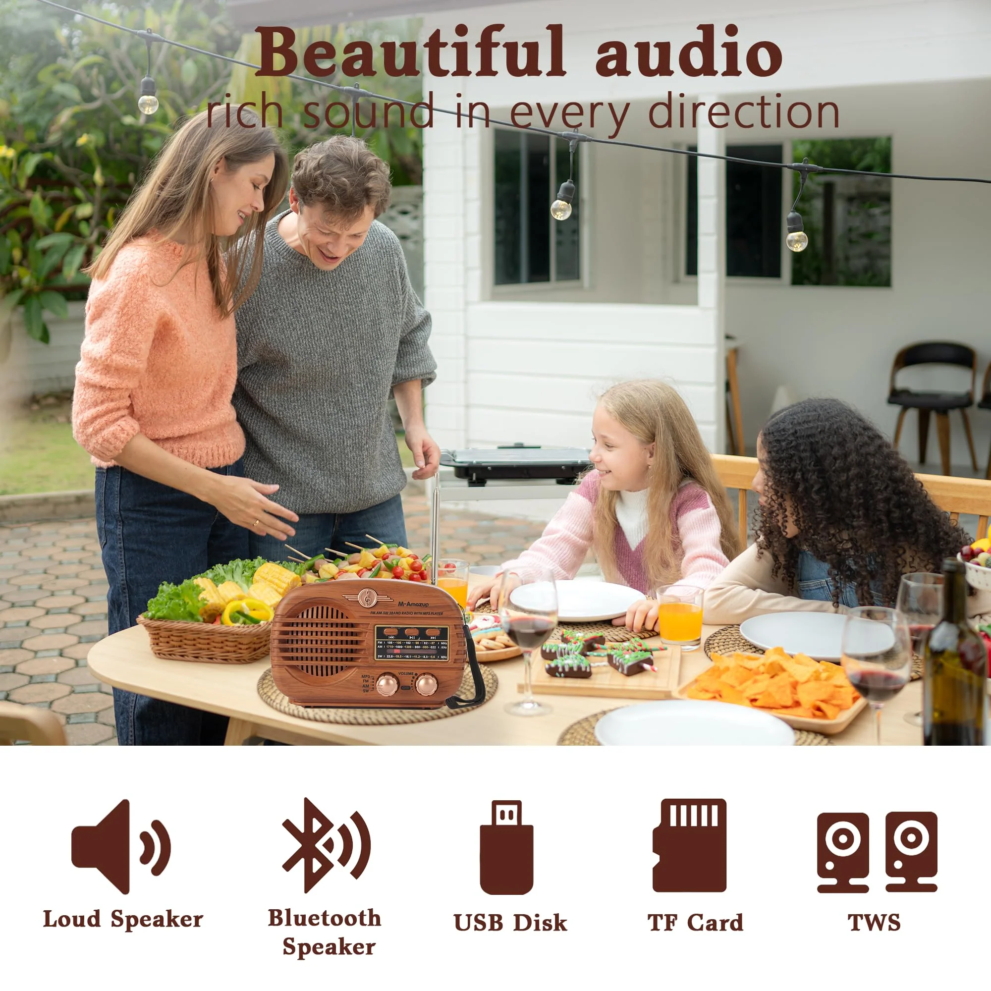Radios Portable AM FM SW, Retro Radio with Speaker, Transistor Radio Bluetooth 5.3, Rechargeable Battery Powered, TWS, Support TF Card/MP3/USB Playing, Gifts for Senior, Light Wood - Image 2