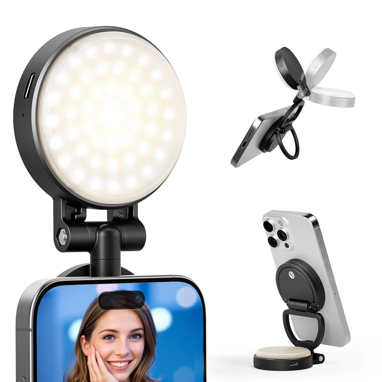 RALENO Magnetic Selfie Light for MagSafe iPhone, LED Phone Light for TikTok Vlog Zoom Makeup Video Conference, 350Lux/0.5m Ring Light with Stand Function & 2 Magnetic Ring & 3 Light Modes