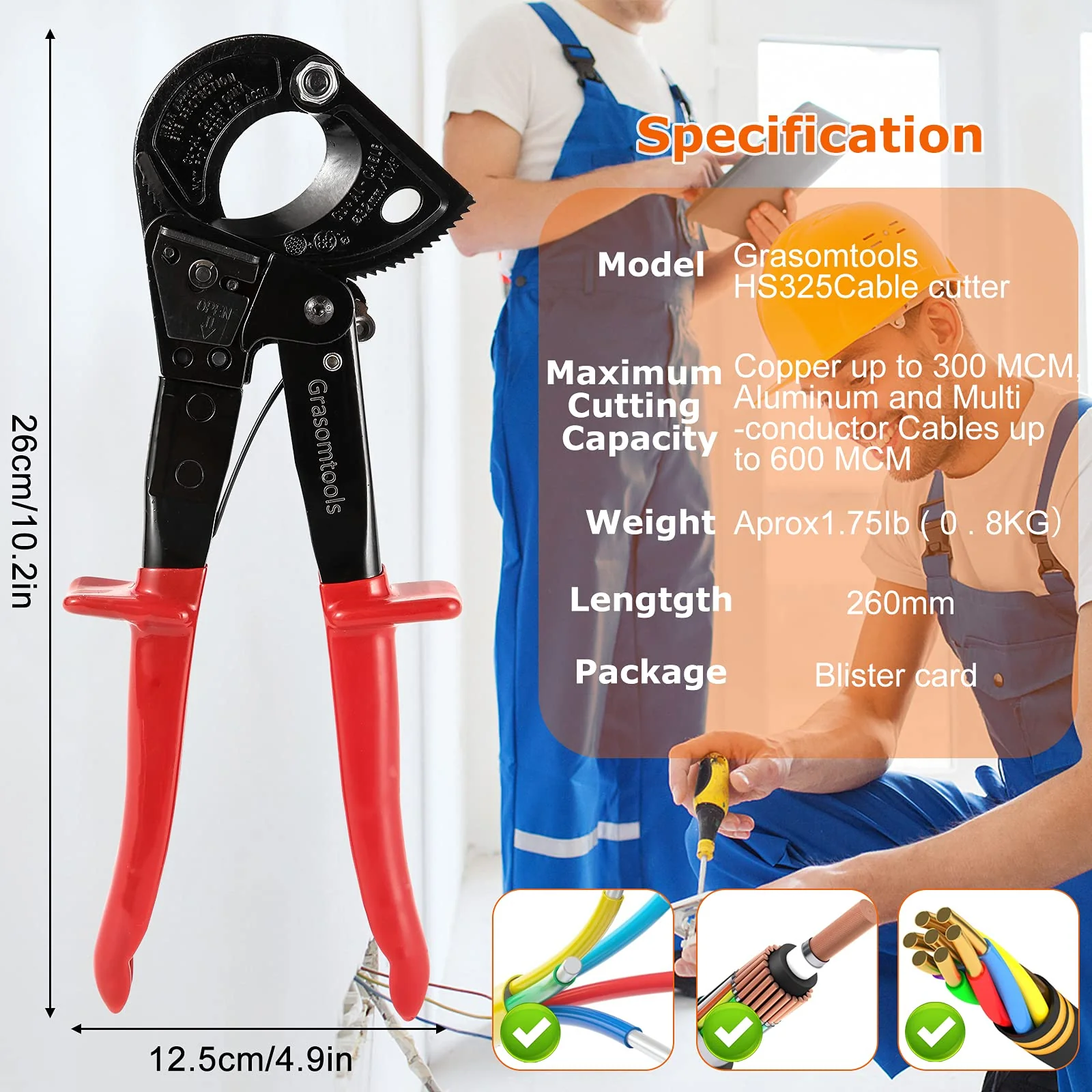 Ratchet Cable Cutter,Ratcheting Cutter and Wire Cable Cutter Cut up to 240mm², HS325A Heavy Duty Aluminum and Copper Ratchet Cable Cutter (HS325) HS325 - Image 2