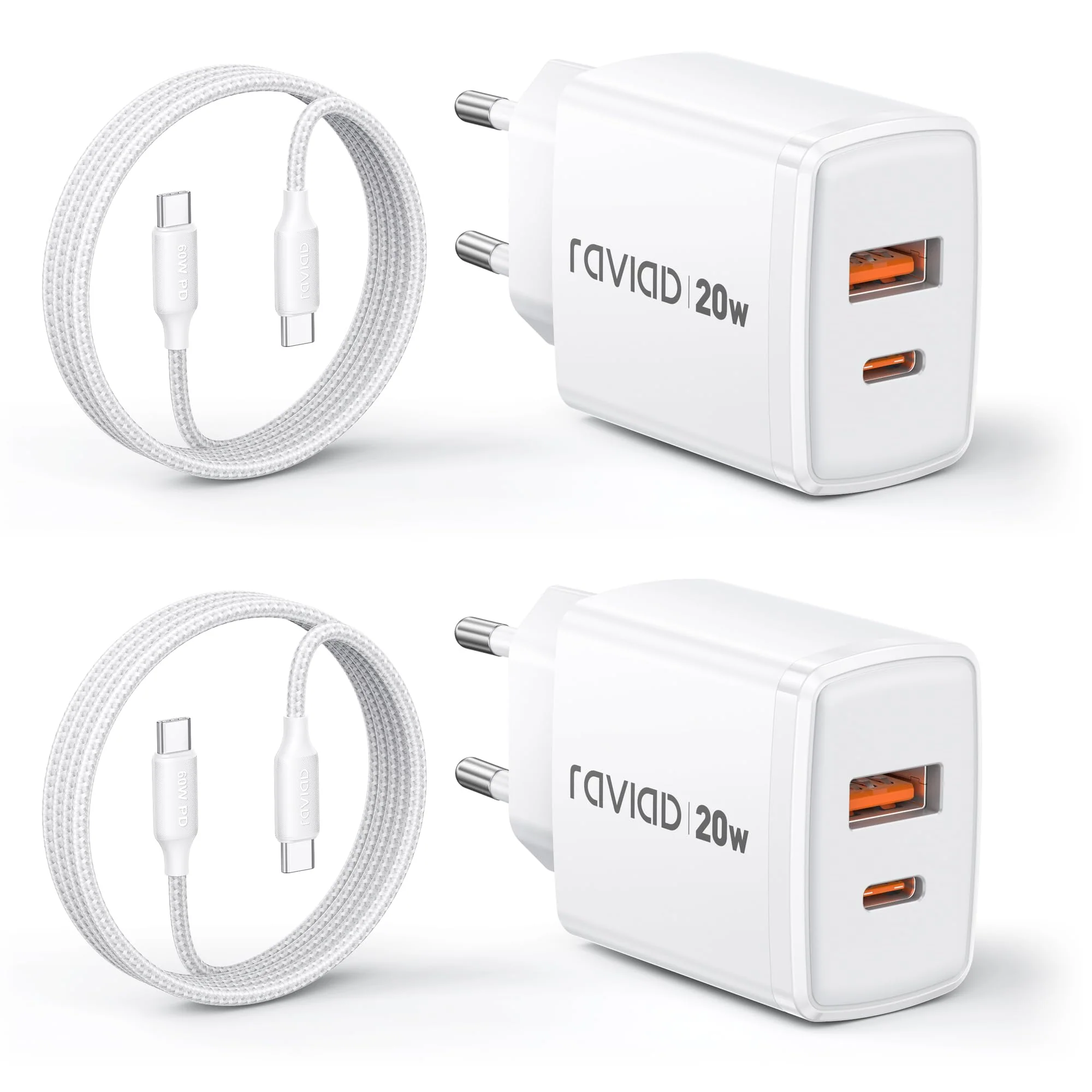 RAVIAD 20 W USB C Charger Pack of 2, [USBC + USBA] Fast Charger with USB C Cable 2 m, Mobile Phone Power Supply Type C with 2 Ports, Compatible with iPhone 16 15 Pro Max, Samsung Galaxy S25 S24 S23 2 pack