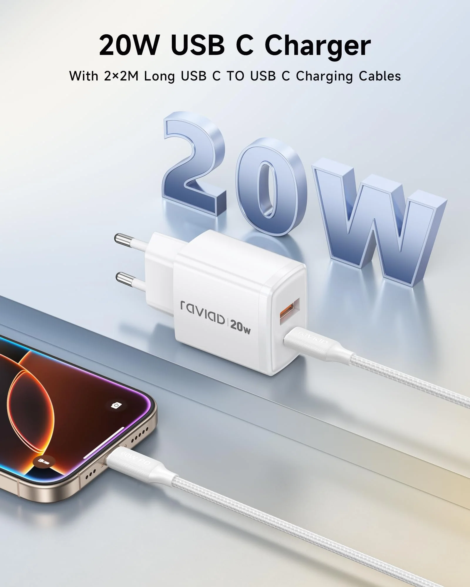 RAVIAD 20 W USB C Charger Pack of 2, [USBC + USBA] Fast Charger with USB C Cable 2 m, Mobile Phone Power Supply Type C with 2 Ports, Compatible with iPhone 16 15 Pro Max, Samsung Galaxy S25 S24 S23 2 pack - Image 2