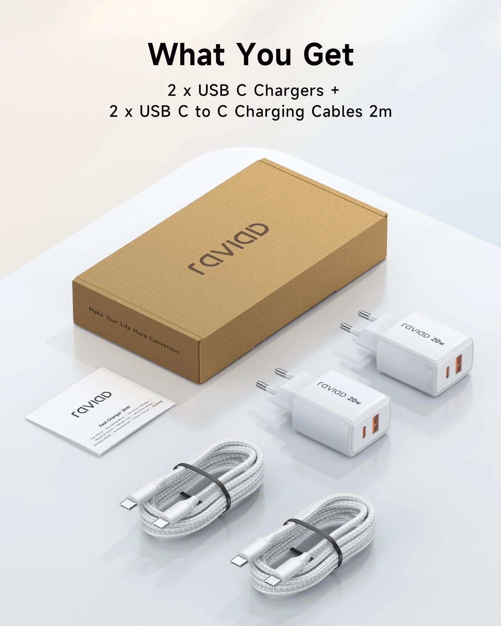 RAVIAD 20 W USB C Charger Pack of 2, [USBC + USBA] Fast Charger with USB C Cable 2 m, Mobile Phone Power Supply Type C with 2 Ports, Compatible with iPhone 16 15 Pro Max, Samsung Galaxy S25 S24 S23 2 pack - Image 6