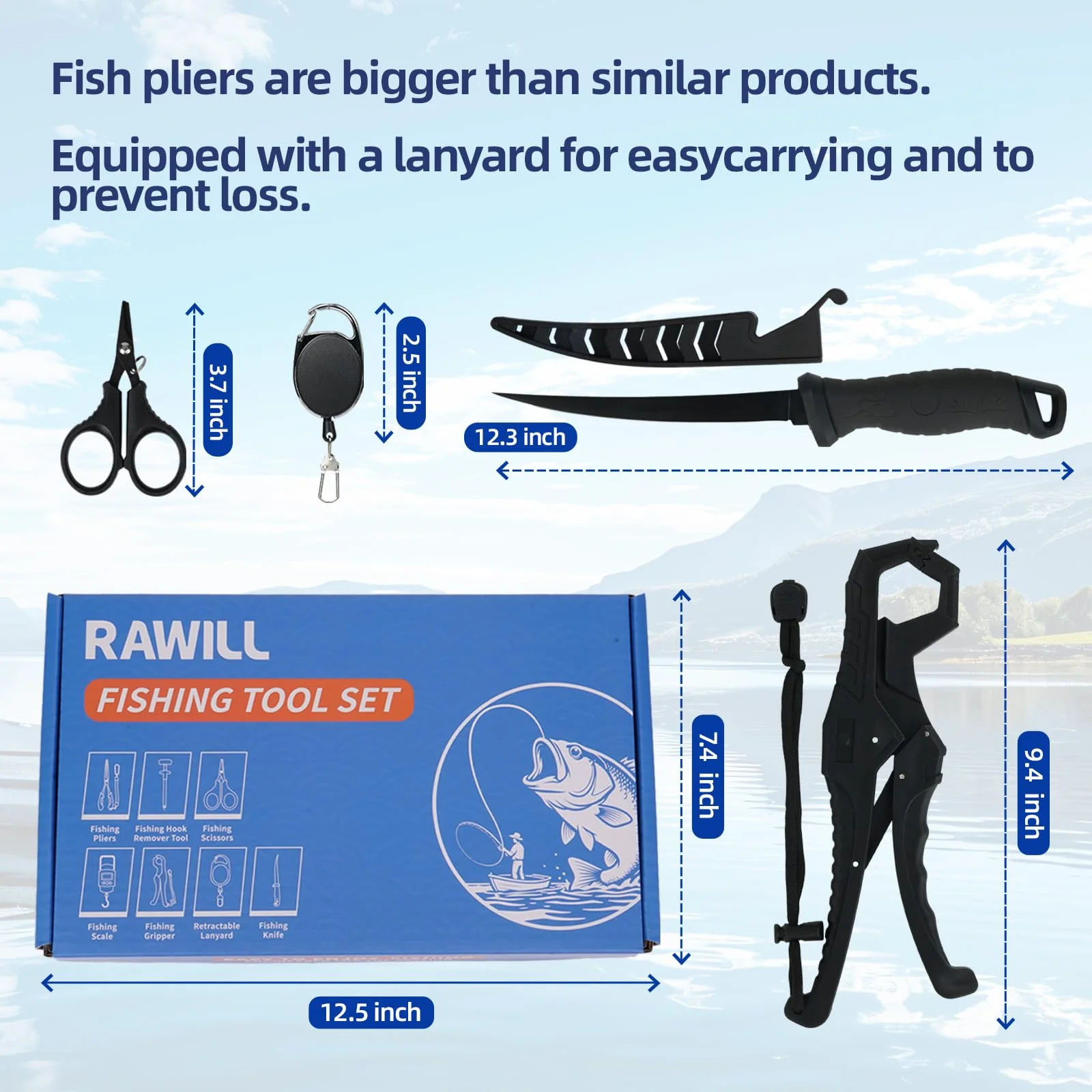RAWILL Fishing Kit,Filleting Knife,Hook Remover,Fish Grip, Line Cutter,Fishing Scale, Pliers with Lanyards,Not Include Batteries Black - Image 2