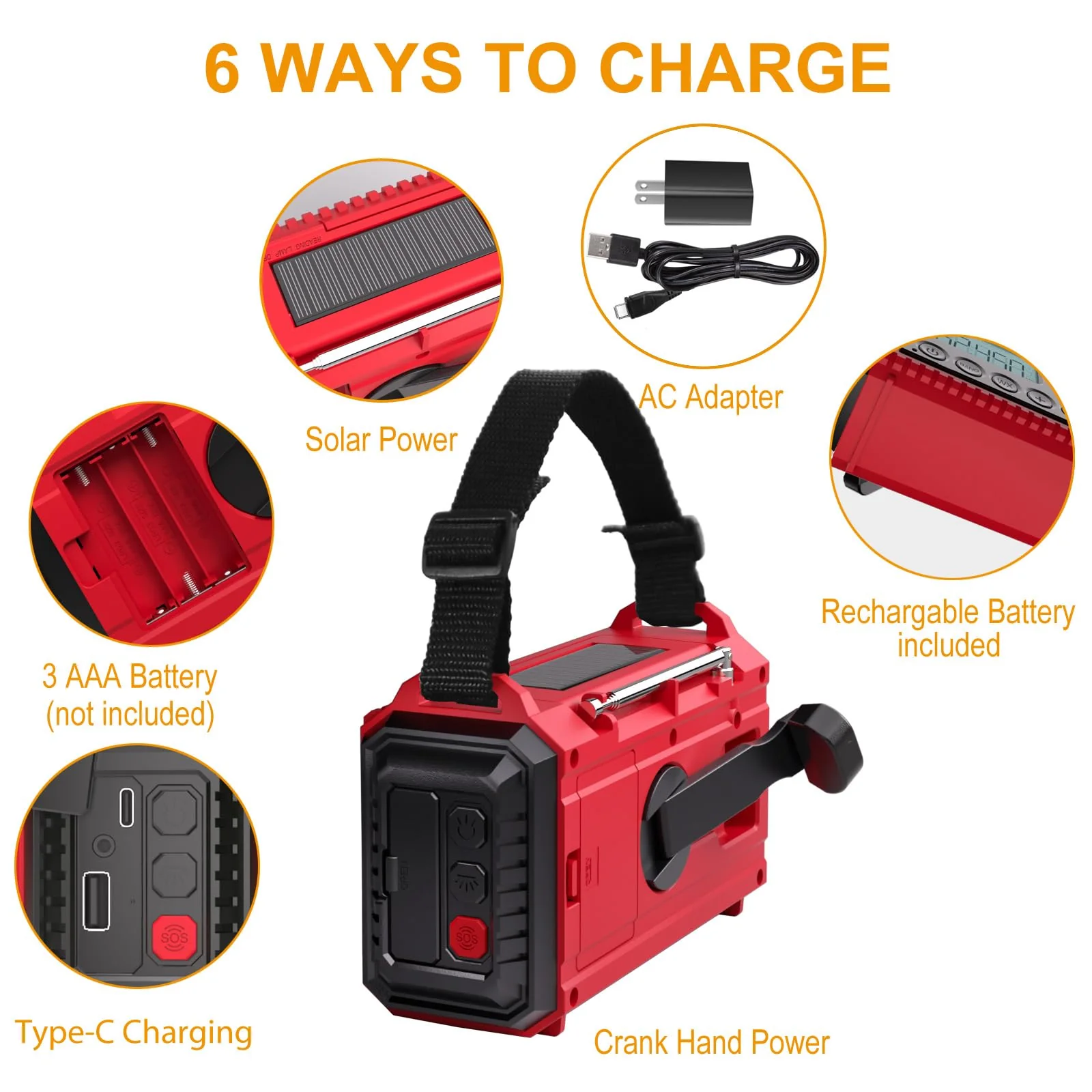 Raynic Emergency Radio, 5000mAh/18500mWh Weather Radio, Solar Hand Crank Emergency Radio with AM/FM/SW/NOAA, Cell Phone Charger, Headphone Jack, Flashlight, Type-C Charging and SOS Siren for Hurricane Red-LCD Display - Image 4