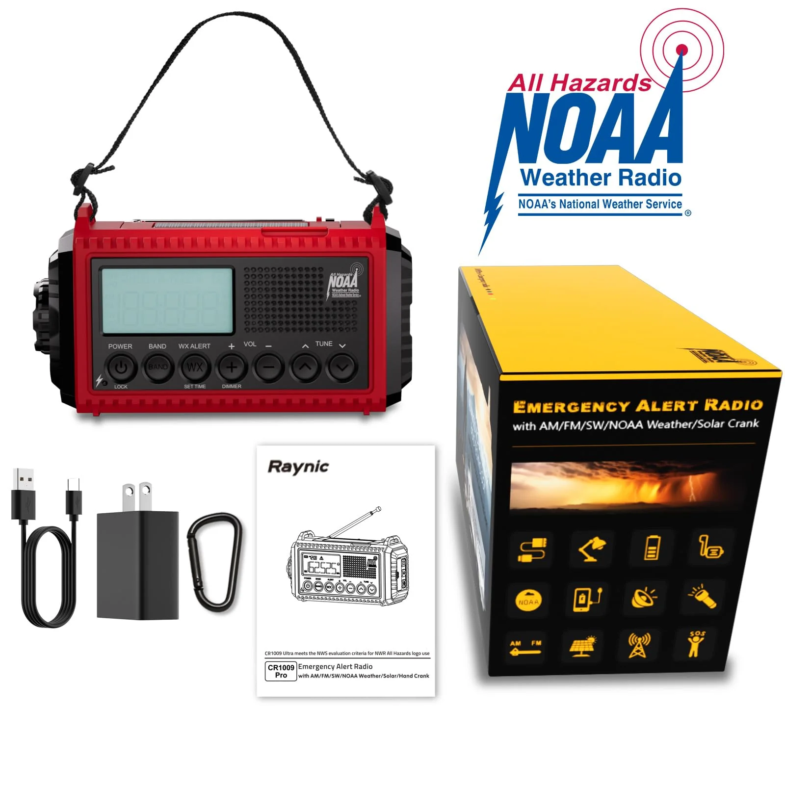 Raynic Emergency Radio, 5000mAh/18500mWh Weather Radio, Solar Hand Crank Emergency Radio with AM/FM/SW/NOAA, Cell Phone Charger, Headphone Jack, Flashlight, Type-C Charging and SOS Siren for Hurricane Red-LCD Display - Image 7
