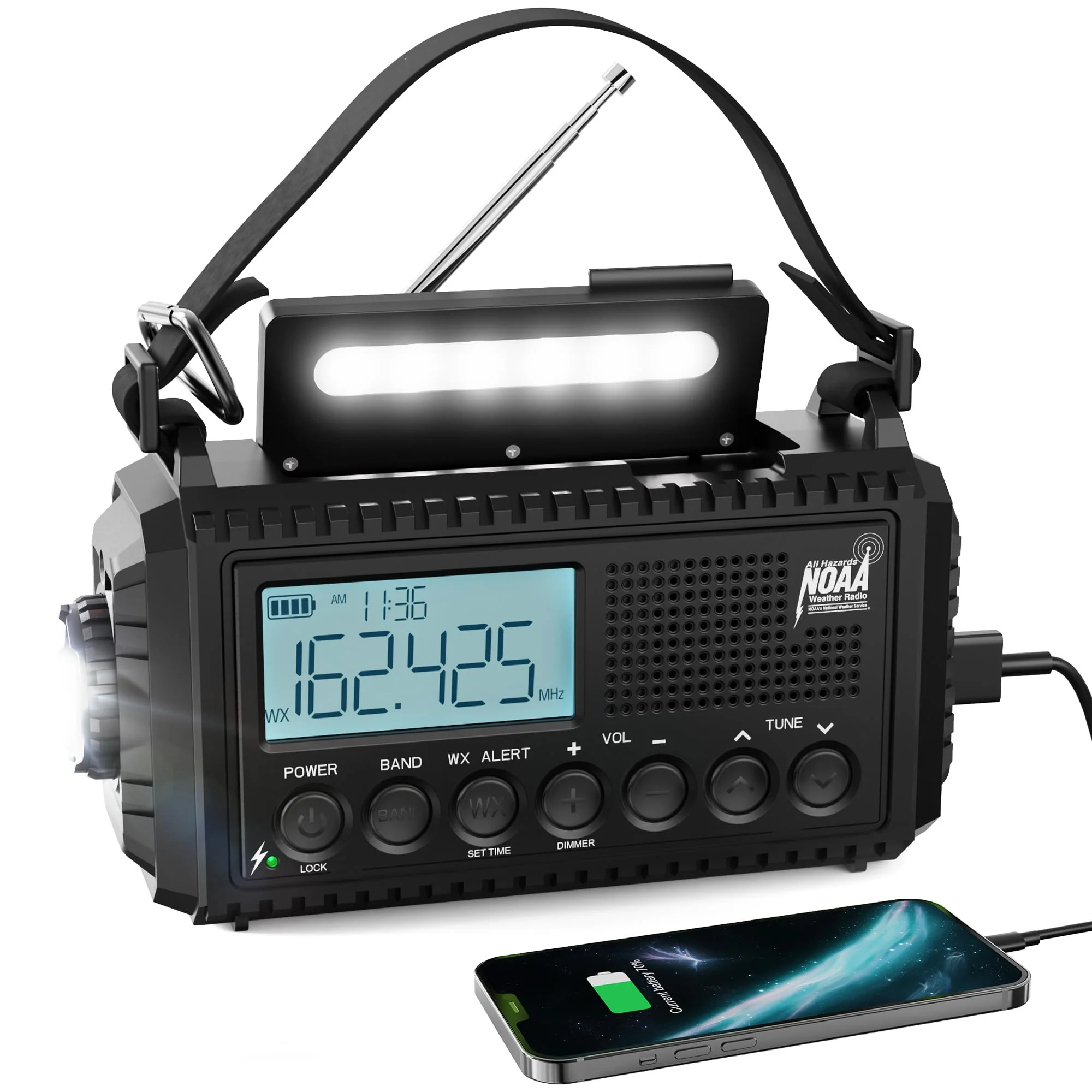 Raynic NOAA Weather Radio,5000mAh/18500mWh Solar Hand Crank Emergency Radio, Battery Powered Portable Radio with AM/FM/SW/NOAA, Cell Phone Charger, Type-C Charging, Flashlight and SOS Siren Black-LCD Display
