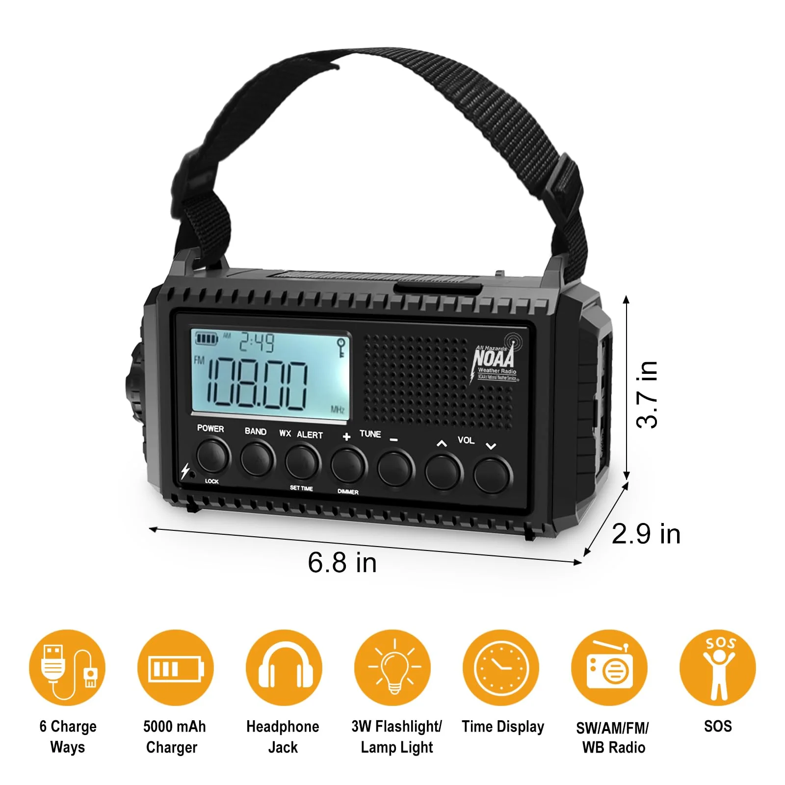 Raynic NOAA Weather Radio,5000mAh/18500mWh Solar Hand Crank Emergency Radio, Battery Powered Portable Radio with AM/FM/SW/NOAA, Cell Phone Charger, Type-C Charging, Flashlight and SOS Siren Black-LCD Display - Image 6