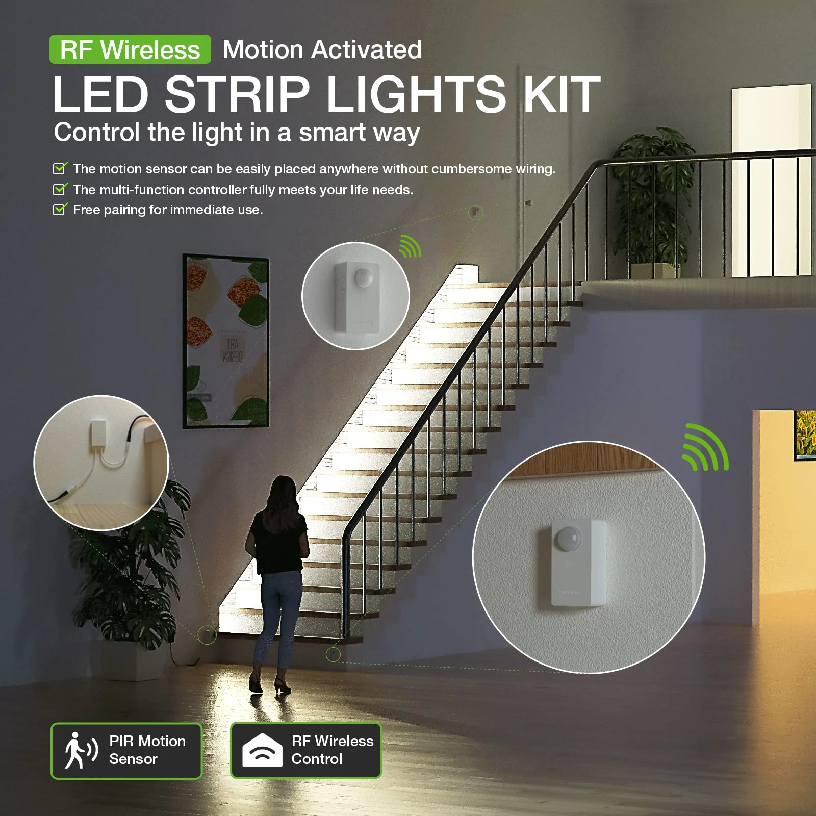 RAYZEEK Wireless Motion Activated LED Strip Lights,19.7FT LED Strip Lights with Power Adapter,RF Wireless Motion Sensor Control Dimmer,Timing,Cool White (1×Controller+2×Motion Sensor) Cool White - Image 3