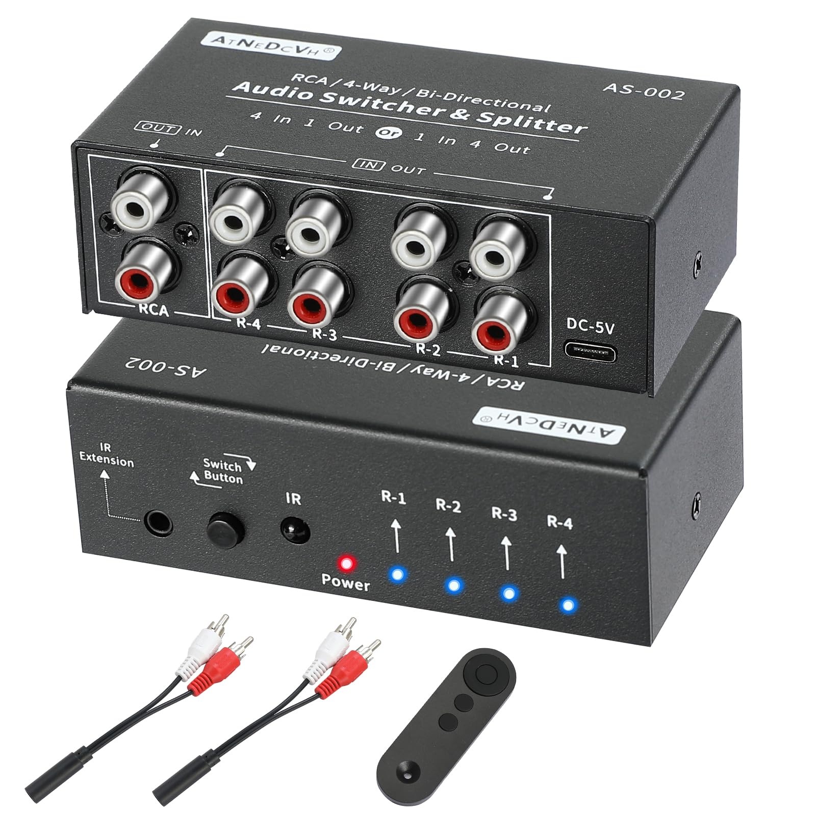 RCA 4-Way Bi-Directional Audio Switcher Splitter, 1 in 4 Out / 4 in 1 Out Stereo L/R Sound Channel Audio Switch Selector Splitter Box with Remote Control for Speakers Headphones Amps (Black)