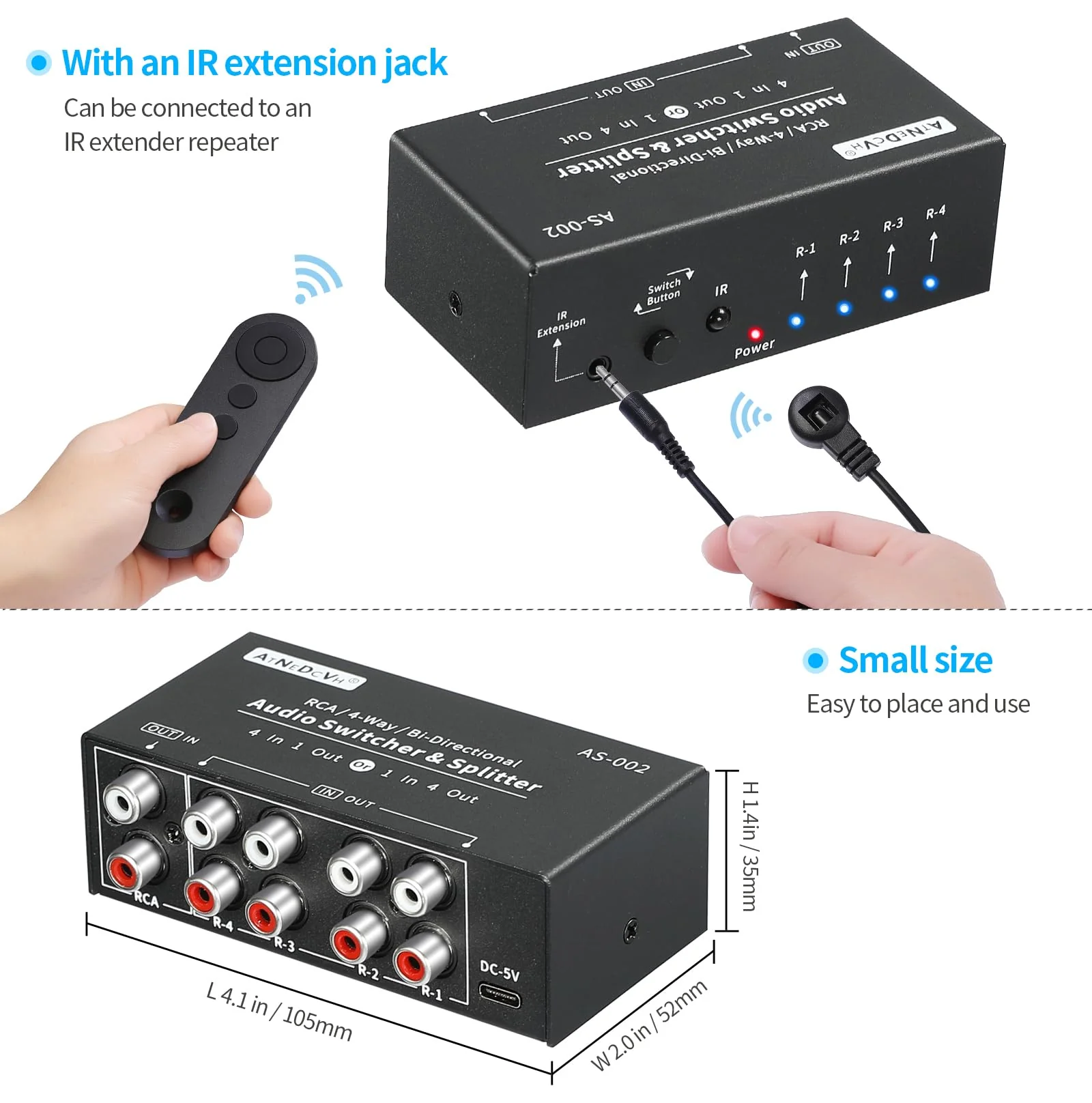 RCA 4-Way Bi-Directional Audio Switcher Splitter, 1 in 4 Out / 4 in 1 Out Stereo L/R Sound Channel Audio Switch Selector Splitter Box with Remote Control for Speakers Headphones Amps (Black) - Image 4
