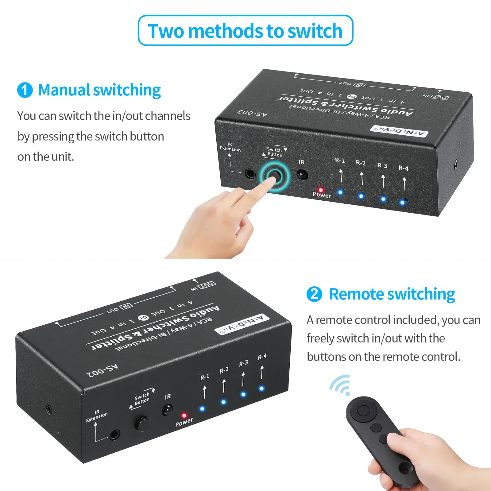 RCA 4-Way Bi-Directional Audio Switcher Splitter, 1 in 4 Out / 4 in 1 Out Stereo L/R Sound Channel Audio Switch Selector Splitter Box with Remote Control for Speakers Headphones Amps (Black) - Image 5