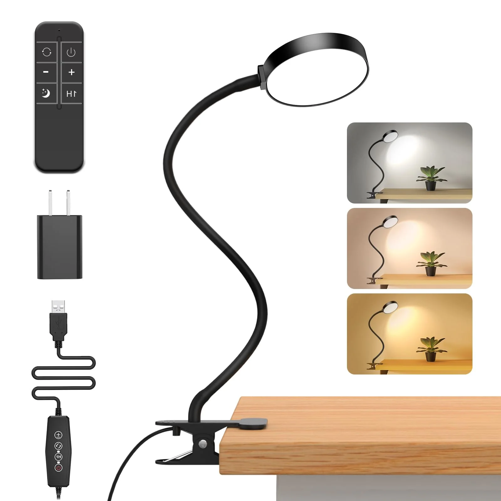 Reading Light with Remote, LED Desk Lamp Clip on [1H Timer & Nightlight] RA>95 Dimmable Flexible Gooseneck, Reading Lamp with Clamp for Table - 3.5'' (Adapter Included) 3.5'' Black