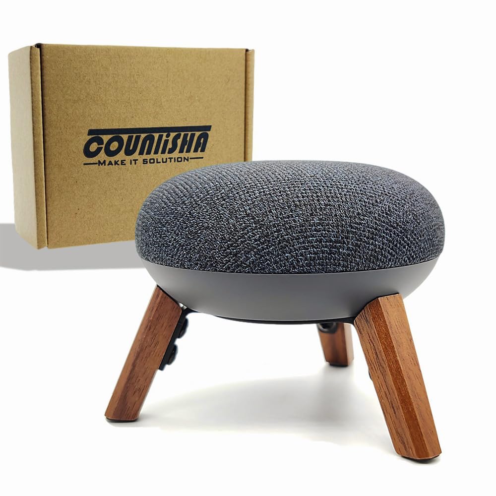 Real Wood Mount compatible for google home mini,nest mini speaker,Tripod Mount holder with Metal Frame,Anti-Slip Safe Stable wooden stand for home Mini on Desk (Walnut)