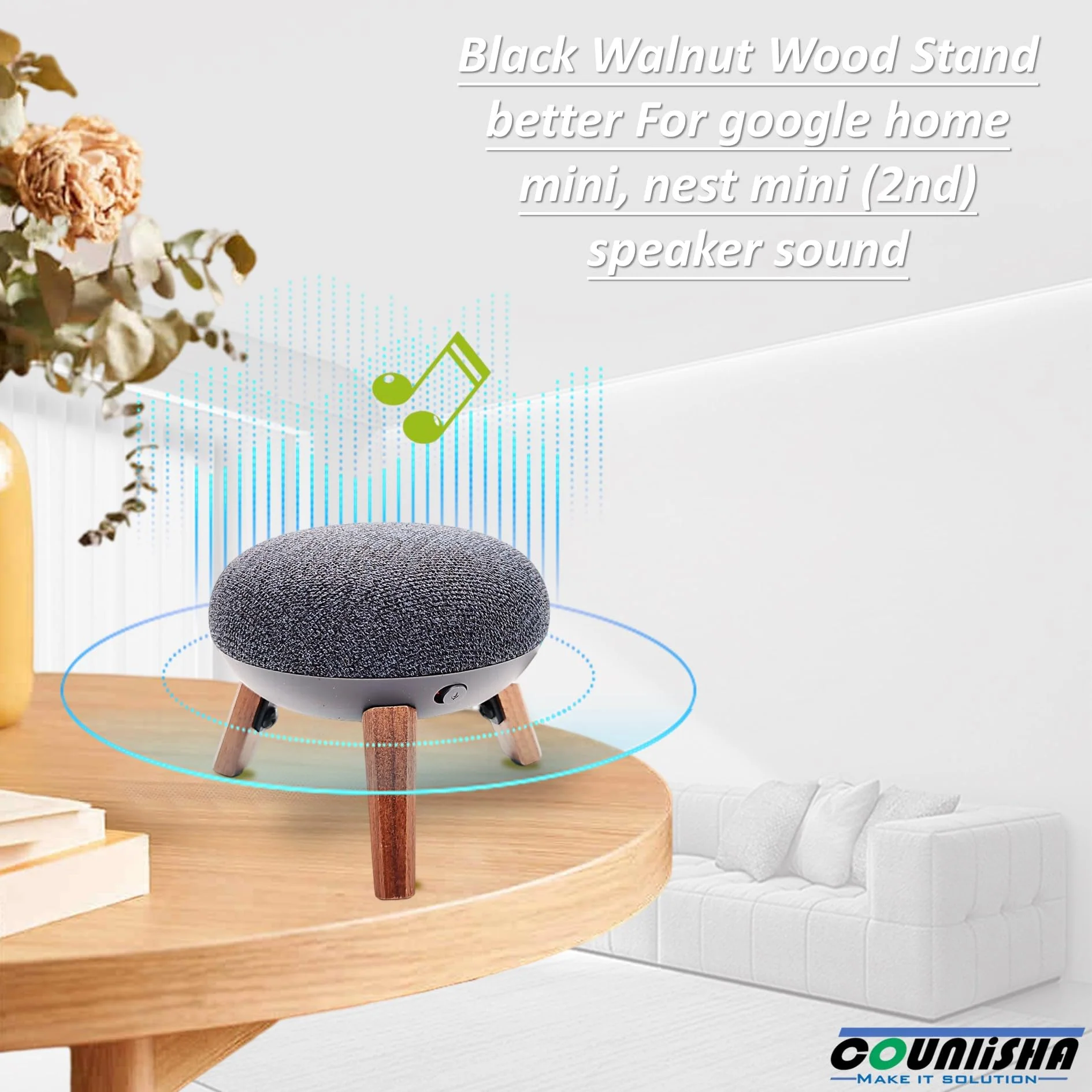 Real Wood Mount compatible for google home mini,nest mini speaker,Tripod Mount holder with Metal Frame,Anti-Slip Safe Stable wooden stand for home Mini on Desk (Walnut) - Image 2