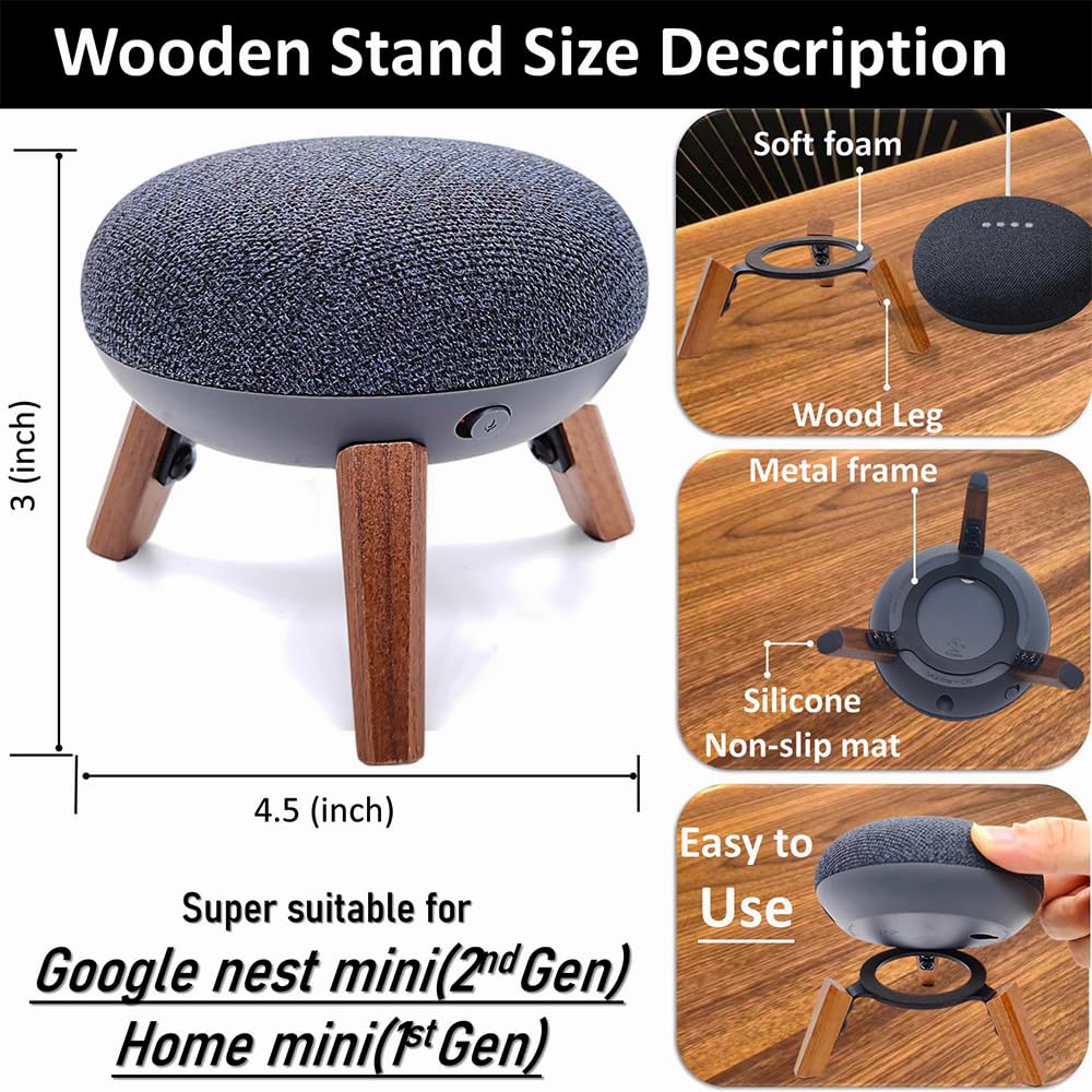 Real Wood Mount compatible for google home mini,nest mini speaker,Tripod Mount holder with Metal Frame,Anti-Slip Safe Stable wooden stand for home Mini on Desk (Walnut) - Image 3