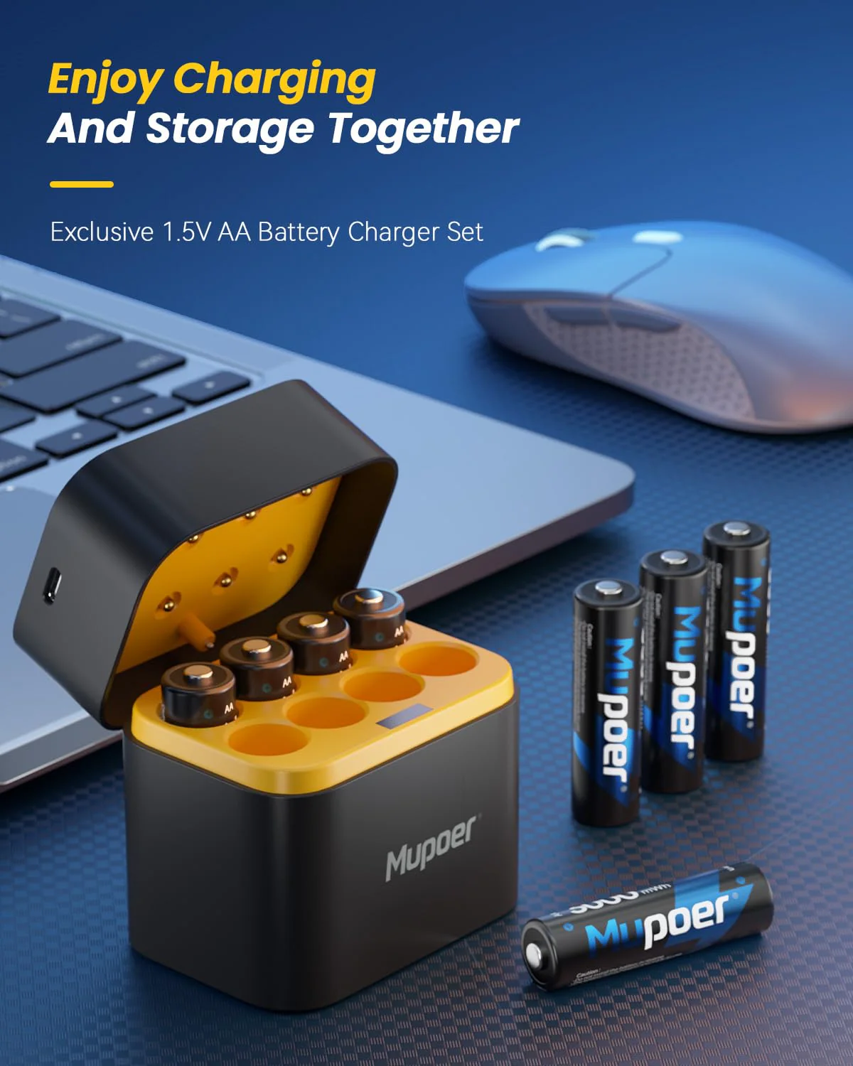 Rechargeable AA Batteries Lithium with Charger, 8 Pack 1.5V 3000mWh Double A Batteries Rechargeable, Long Lasting AA Li-ion Battery with Integrated Charging Storage Box - Blue - Image 6
