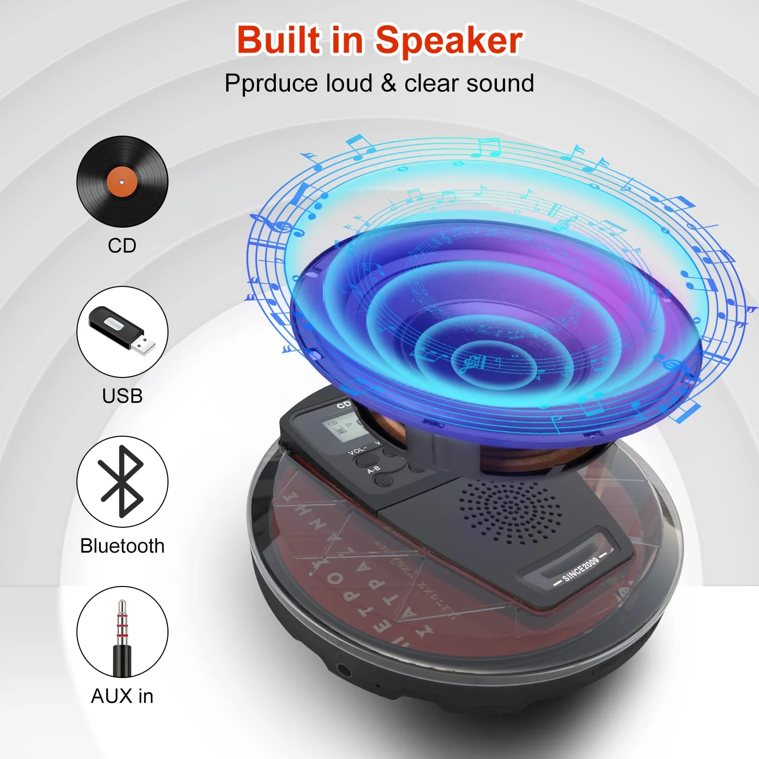 Rechargeable CD Player Portable with Bluetooth,Compact Anti-Skip Shockproof Walkman CD Player with Earphone, Stereo Speakers&LCD Display for Car/Home/Travel (AUX Output) - Image 9