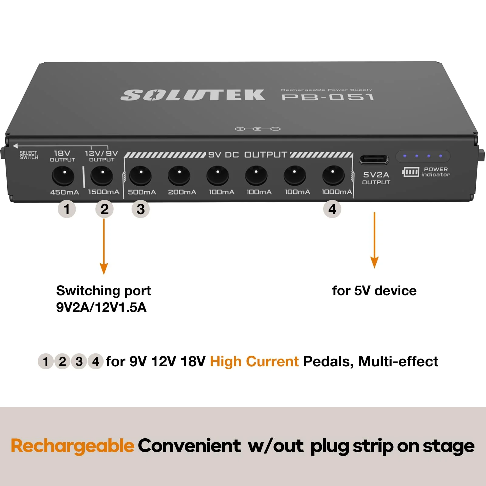 Rechargeable Guitar Pedal Power Supply | 12800 High-Current 2000mA 9V 12V 18V 5V for Pedal Board and More Devices | Compact Convenient Quiet Powerful Model PB-051 - Image 2