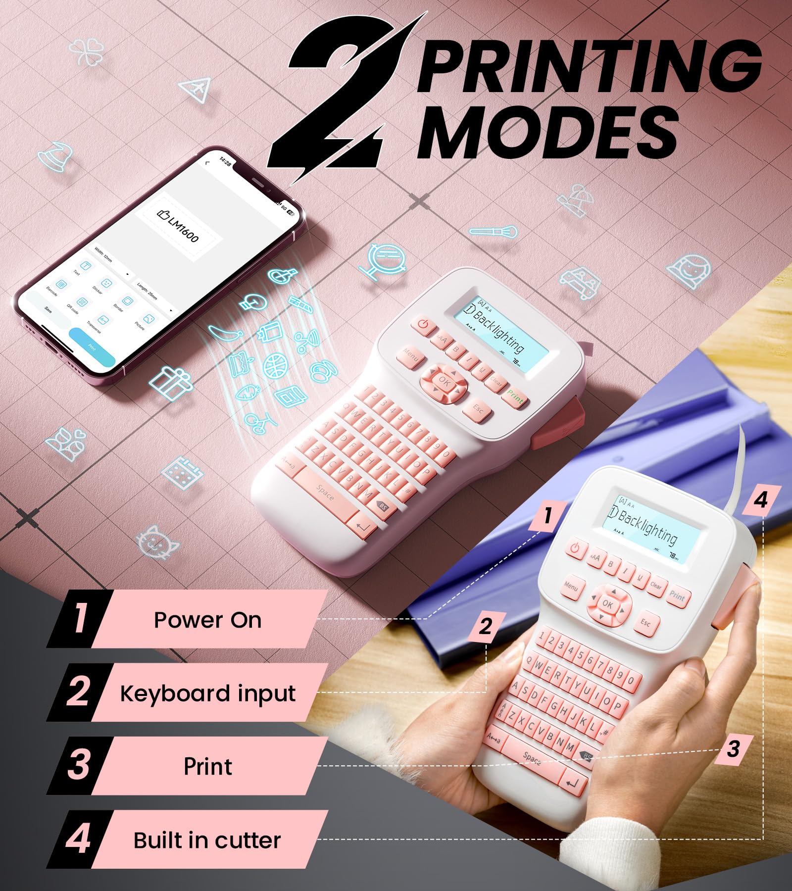 Rechargeable Label Maker, Pink Label Maker with Keyboard, Handheld Label Maker Machine with Bluetooth Backlit Large Display LM1600, Portable Labeler for Home & Office Organization School - Image 3