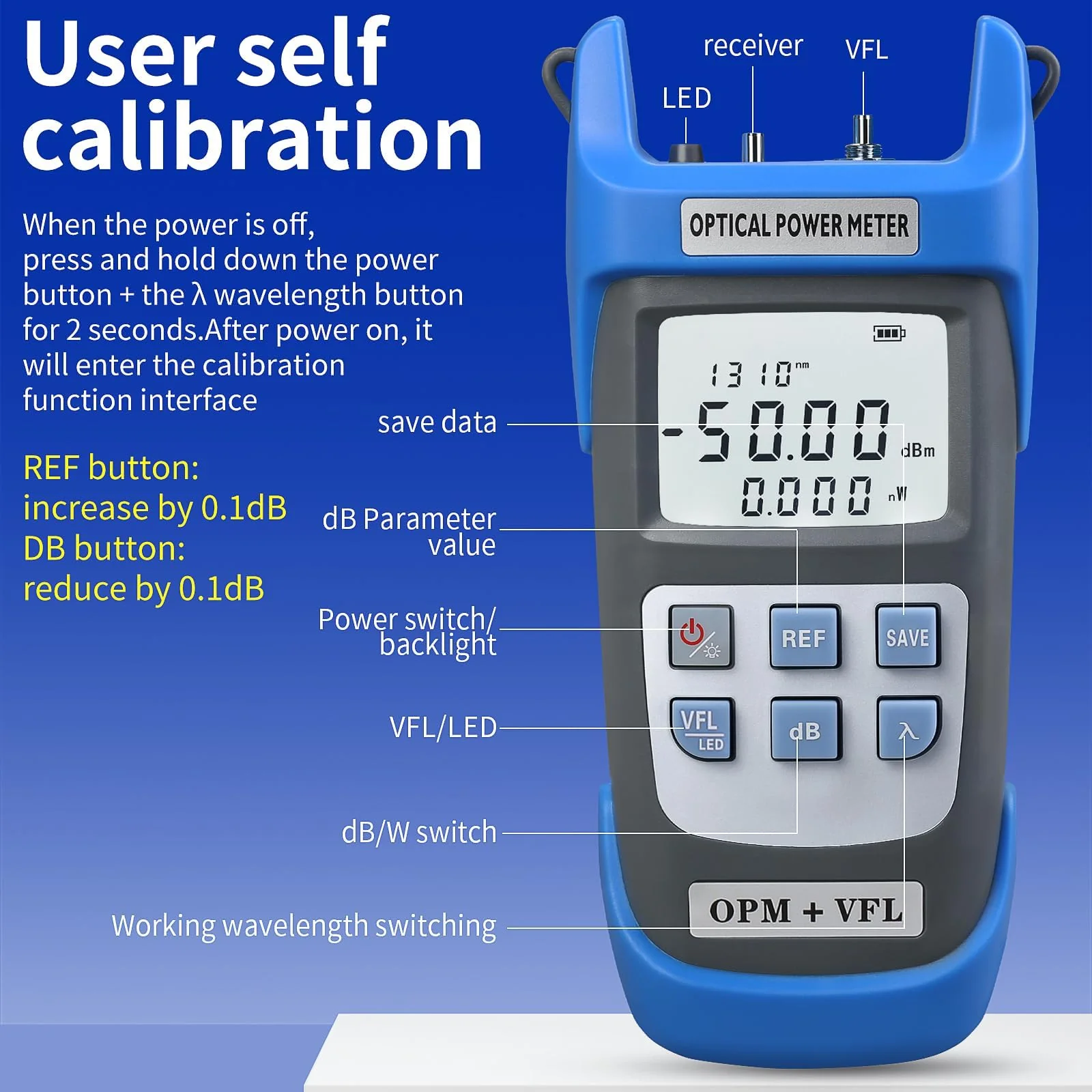 Rechargeable Optical Power Meter A-C510B (-50~+26dBm) Fiber Optic Tester, Optical Power 15 All-in-one Machine, Suitable for SC/FC/ST/LC 2.5mm/1.25mm Interface, with 1 9/125um FC-LC Adapter OPM-VFL15KM - Image 4