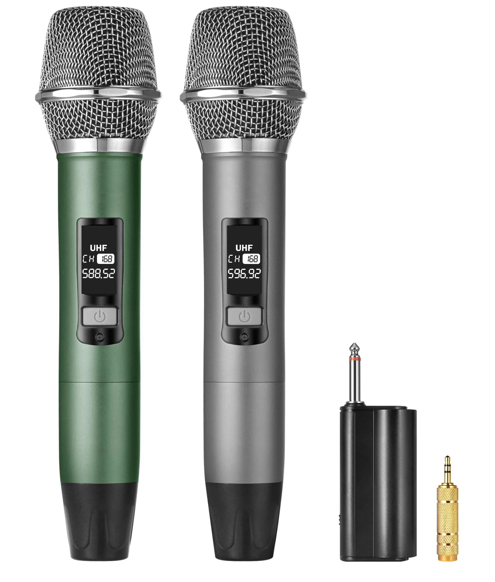 Rechargeable UHF Wireless Microphones, Two Metal Handheld Microphones with 1/4" Receiver, Plug-and-Play for Speaker & PA System, Karaoke Singsing, Lecture, Stage Performance (Green&Grey) Green&Grey