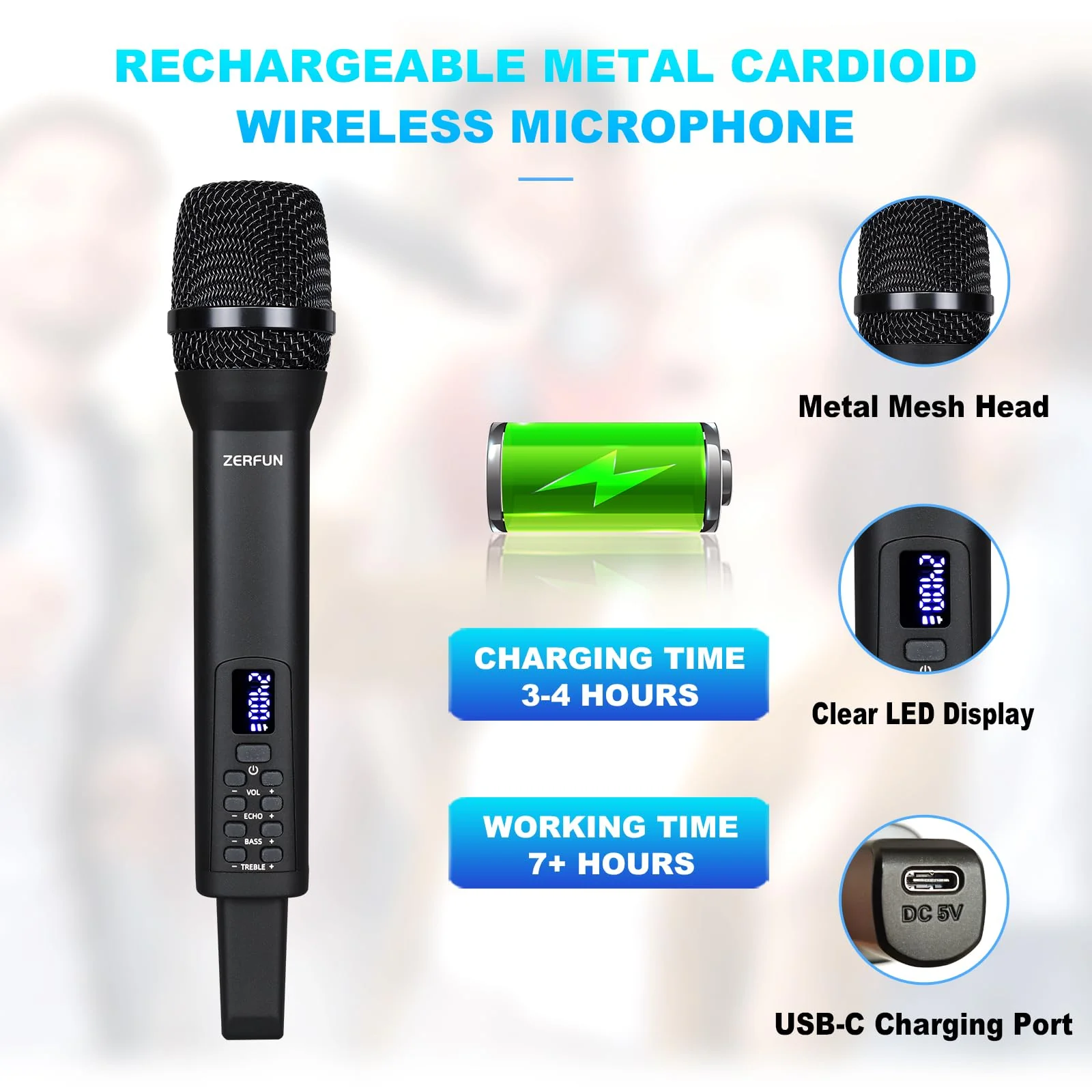 Rechargeable Wireless Microphone, Pro Handheld Cordless Mics System Dynamic with Echo Treble BASS VOL Control for Karaoke Singing Church Party, 1/4'' Output, D240, Black 1 Mic - Image 4