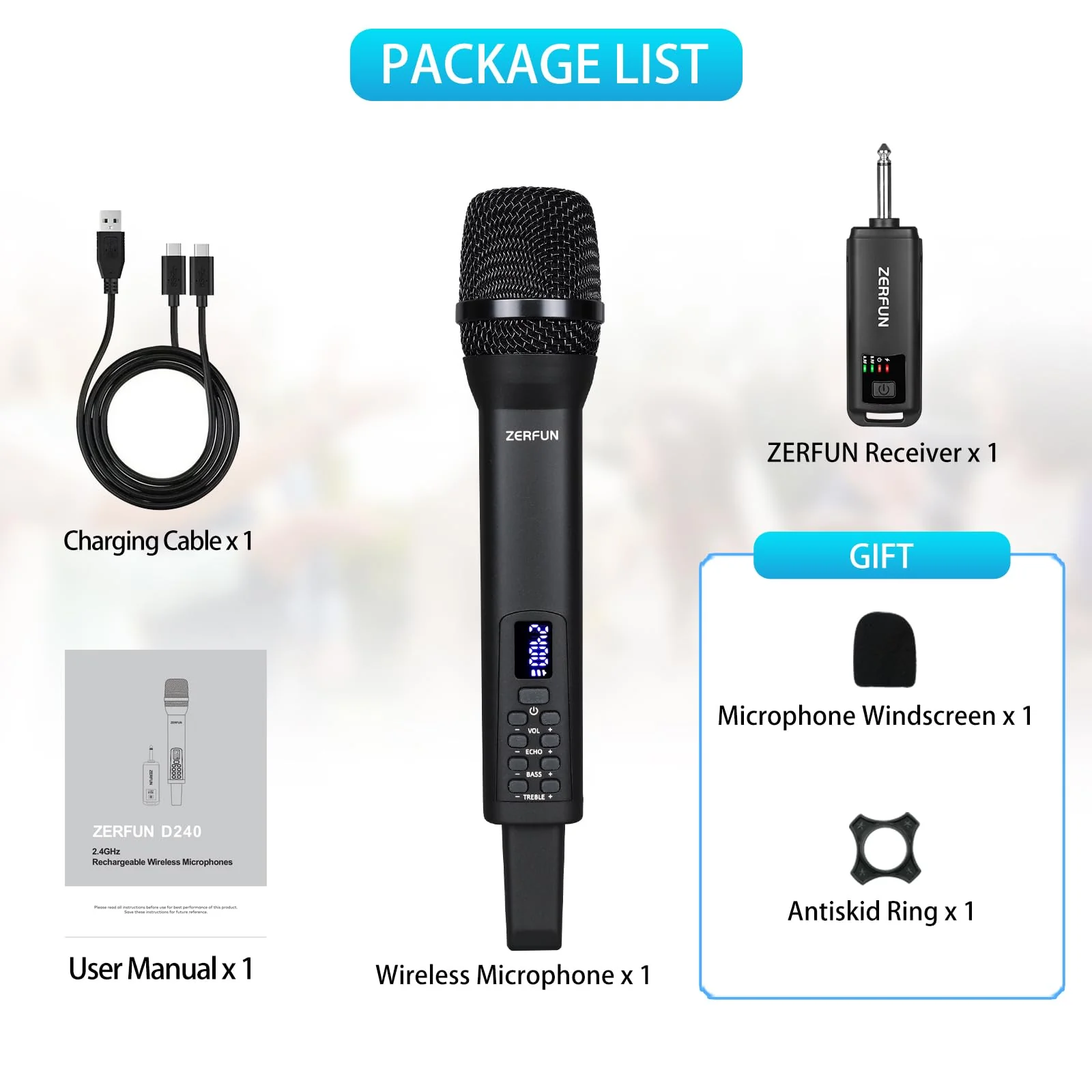 Rechargeable Wireless Microphone, Pro Handheld Cordless Mics System Dynamic with Echo Treble BASS VOL Control for Karaoke Singing Church Party, 1/4'' Output, D240, Black 1 Mic - Image 7