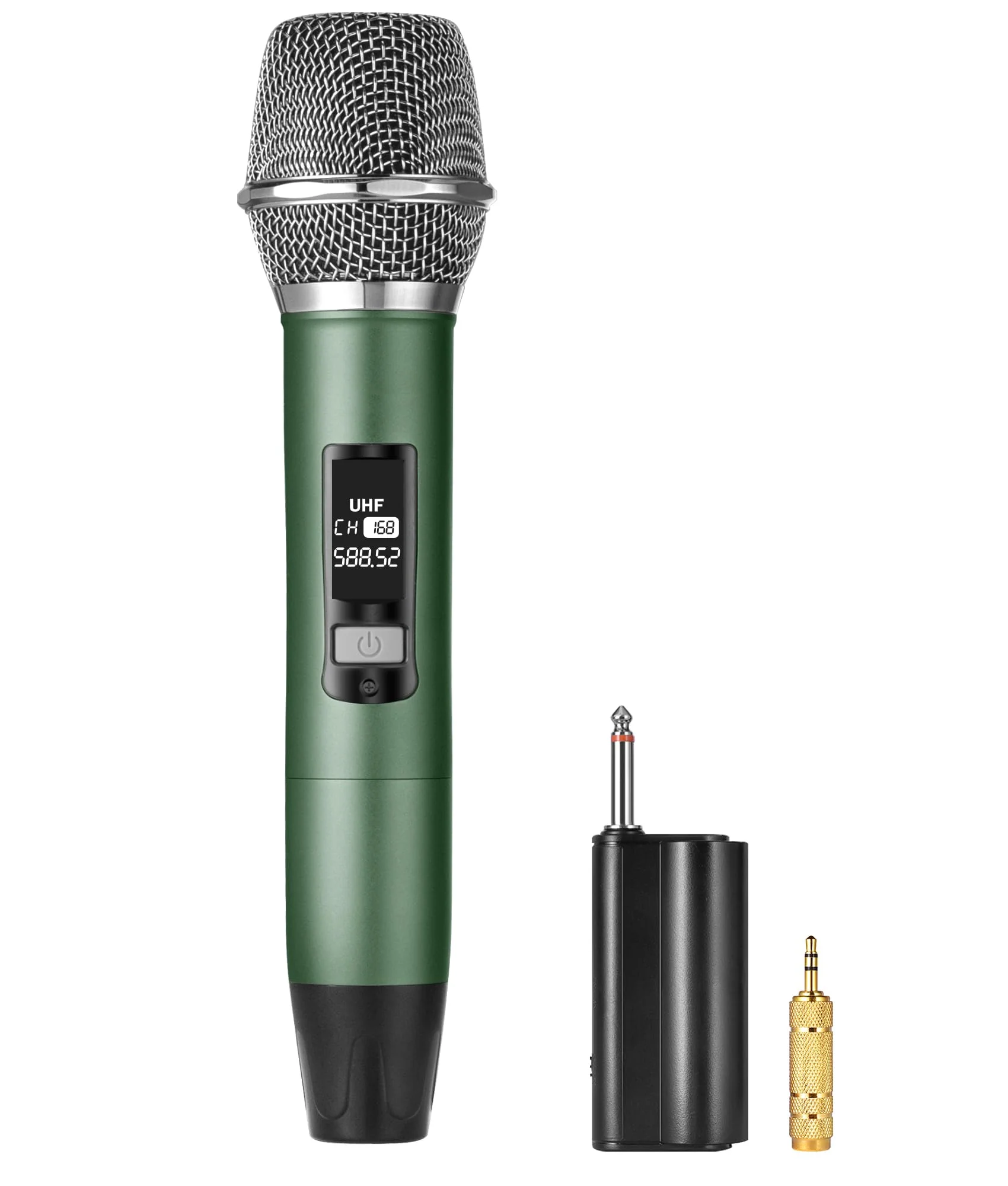 Rechargeable Wireless Microphone, Two Metal UHF Microphones with 1/4" Receiver, Plug-and-Play for Karaoke Singsing, Lecture, Stage Performance, PA System (Green - One Mic) Green - One Mic