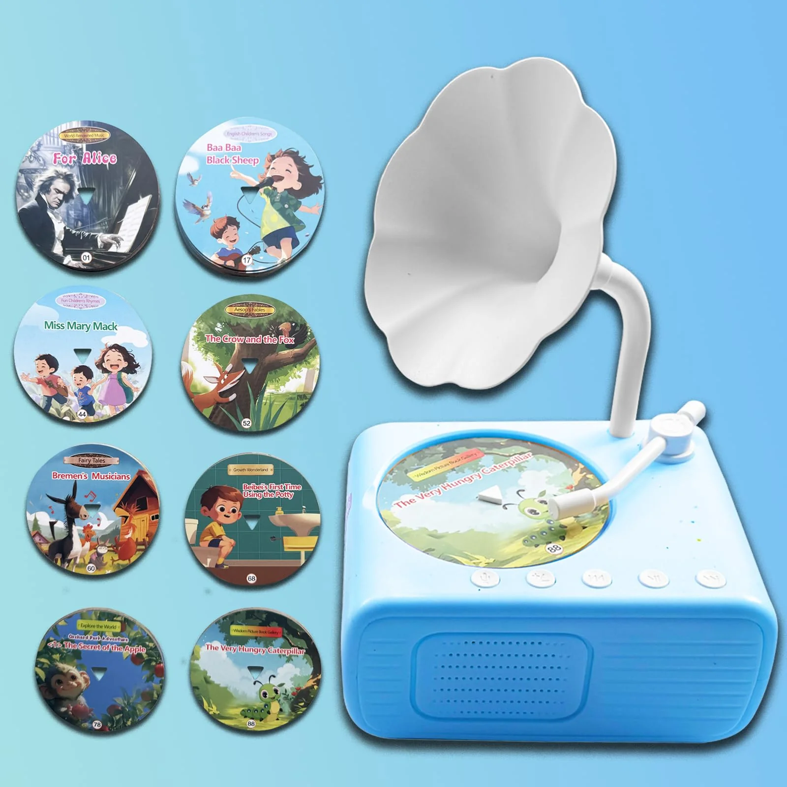 Record Music Player for Kids - Toddler Phonograph with 96 Audio Tracks, 8 Recordable DIY Discs, Bluetooth Story Music Speaker Machine, Bedtime Dream Gift for Boys Girls 3-12 Classroom School (Blue) Blue