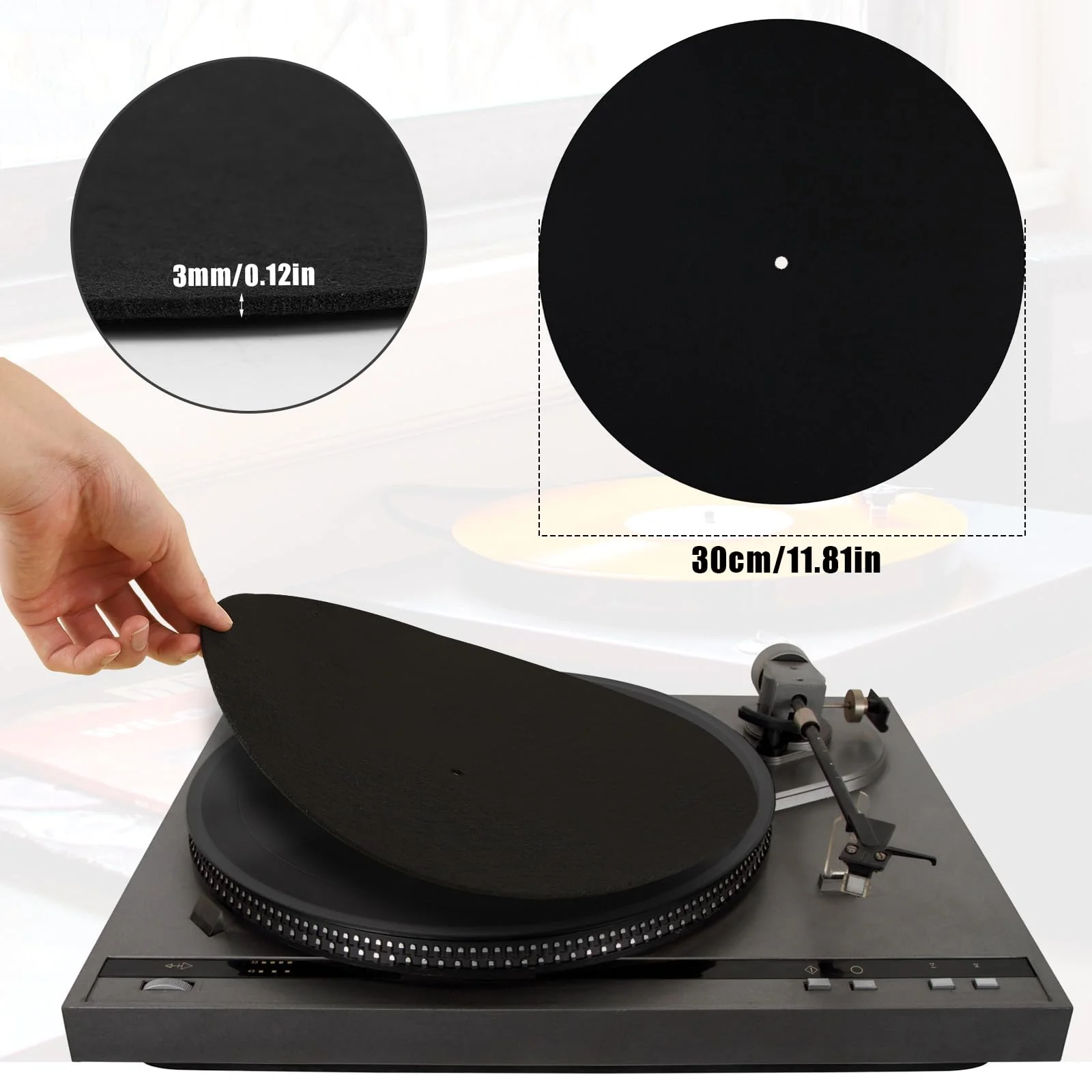 Record Player Mat, 12in Anti-Slip & Anti-Static Felt Record Pad Turntable Slipmat Wool Turntable Platter Mat Vinyl Record Player Protective Mat for Home Record Players (Black) - Image 2