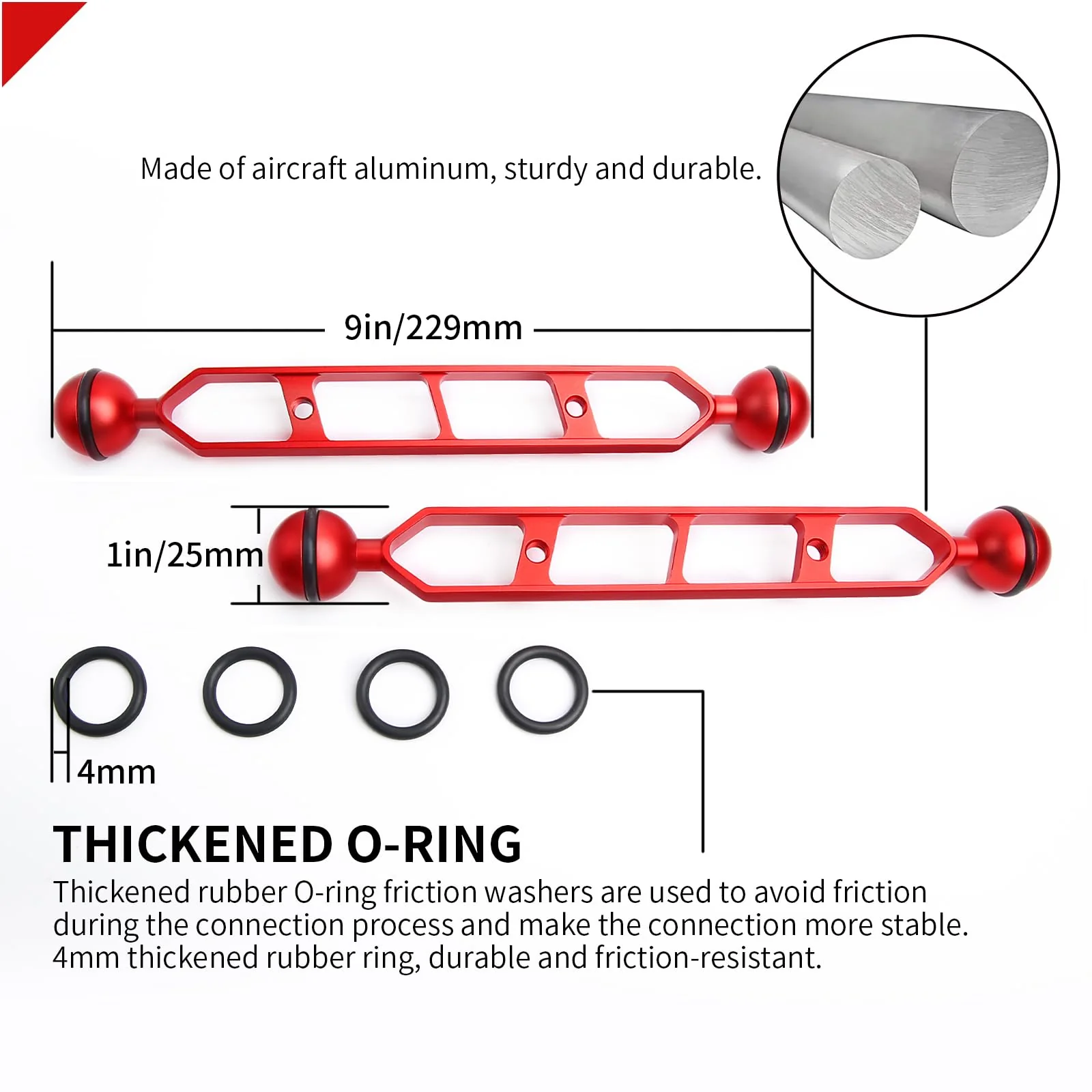Red 9" Double Ball Aluminum Alloy Extension Arm, 1" Ball Head Connector Underwater Arm for Strobe/Video Light/Diving Camera Tray, Waterproof and Rustproof (2pack) 9" Extension Arm Red - Image 2