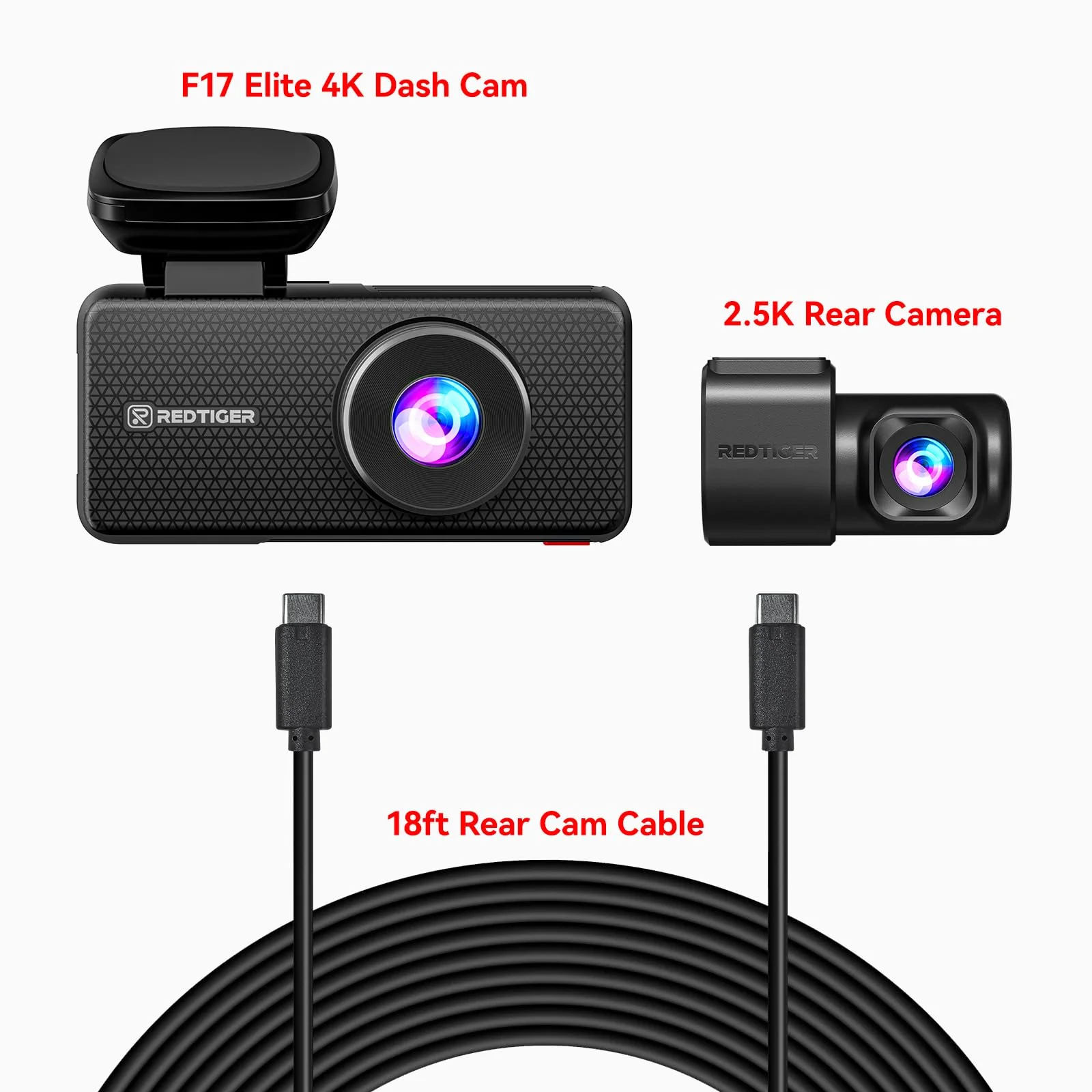 REDTIGER Original 2.5K Rear Camera and Dual USB C Rear Cam Cable for F17 Elite Dash Cam - Image 3