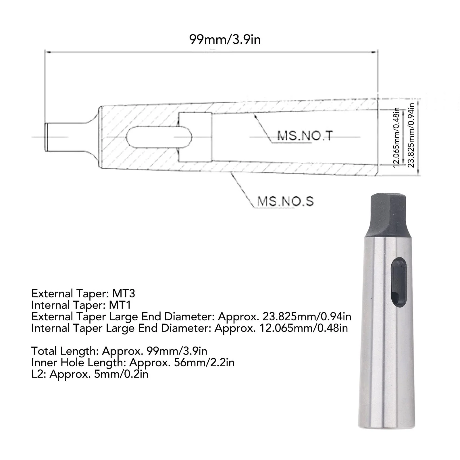 Reducing Sleeve MT1 to MT3 Morse Taper Adapter, 45 Steel For Rotary Milling with Reduction of Drill Diameter - Image 2