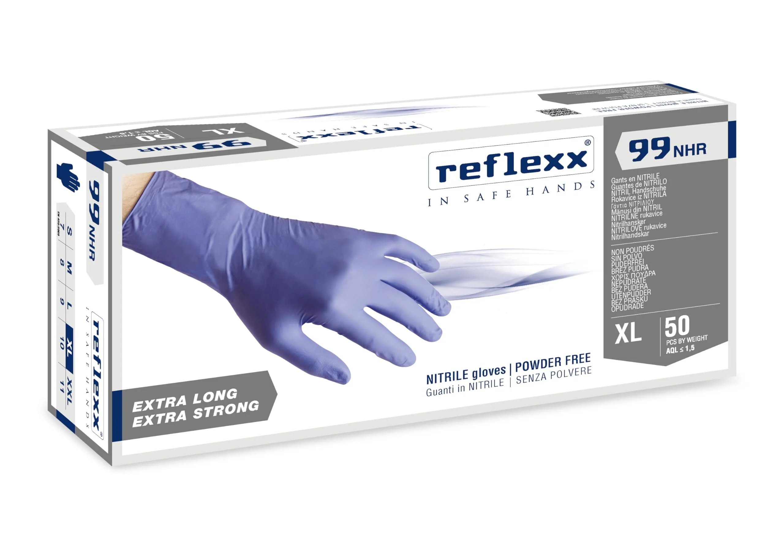 Reflexx R99/XL "HIRISK", the high resistance powder free nitrile gloves gr 8.9, Size X-Large, Blue (Pack of 50) XL