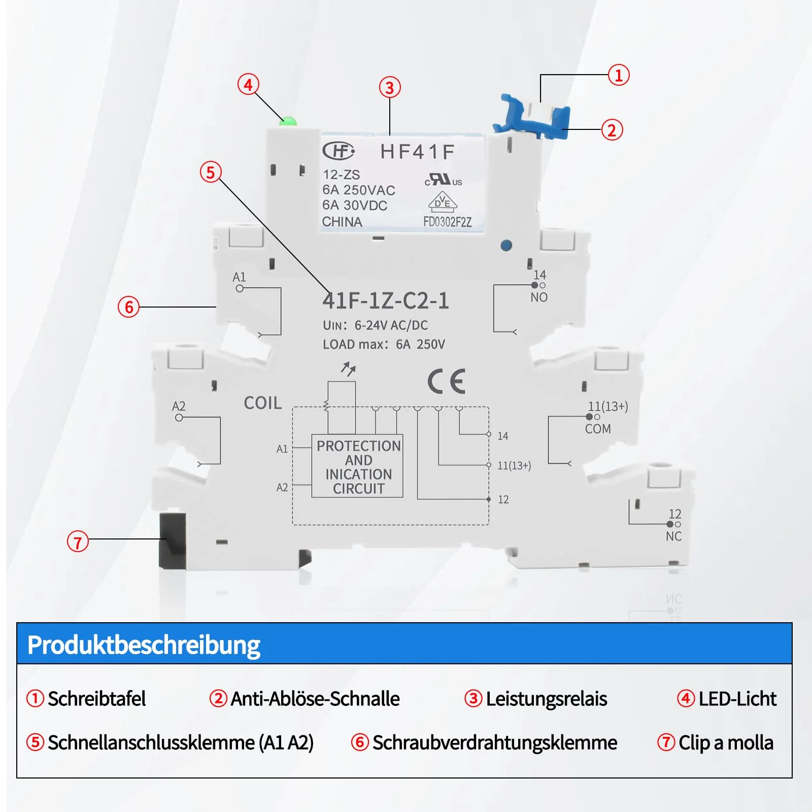 ReleyWell 12 V Relay DIN Rail; Silm, Solenoid Power Relay for PLC, HF41F/24-ZS 5 Pin SPDT with Push in Socket, 24 Coil dc/ac, Electromagnetic Relay, Max 6A 250VAC 12V-2 - Image 2