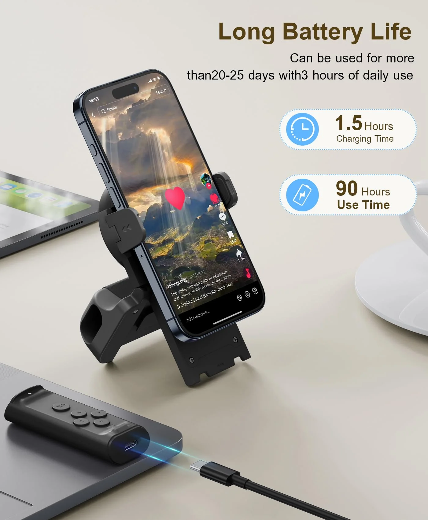 Remote Control Scrolling for TikTok, Page Turner for Kindle App, Camera Camcorder Remote Controls, Scrolling Remote for TikTok/iOS/Android/iPad/iPhone/Tablet with Phone Stand Black - Image 6