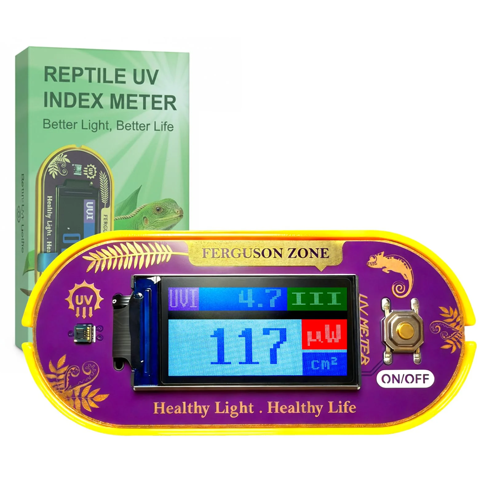 Reptile UVB UVA Light Meter for Bearded Dragon Tank Accessories, Portable Light Meter & Radiation Detector for Reptiles, Test Light and Sunlight Wavelength Meter with CR2032 Battery Light Yellow