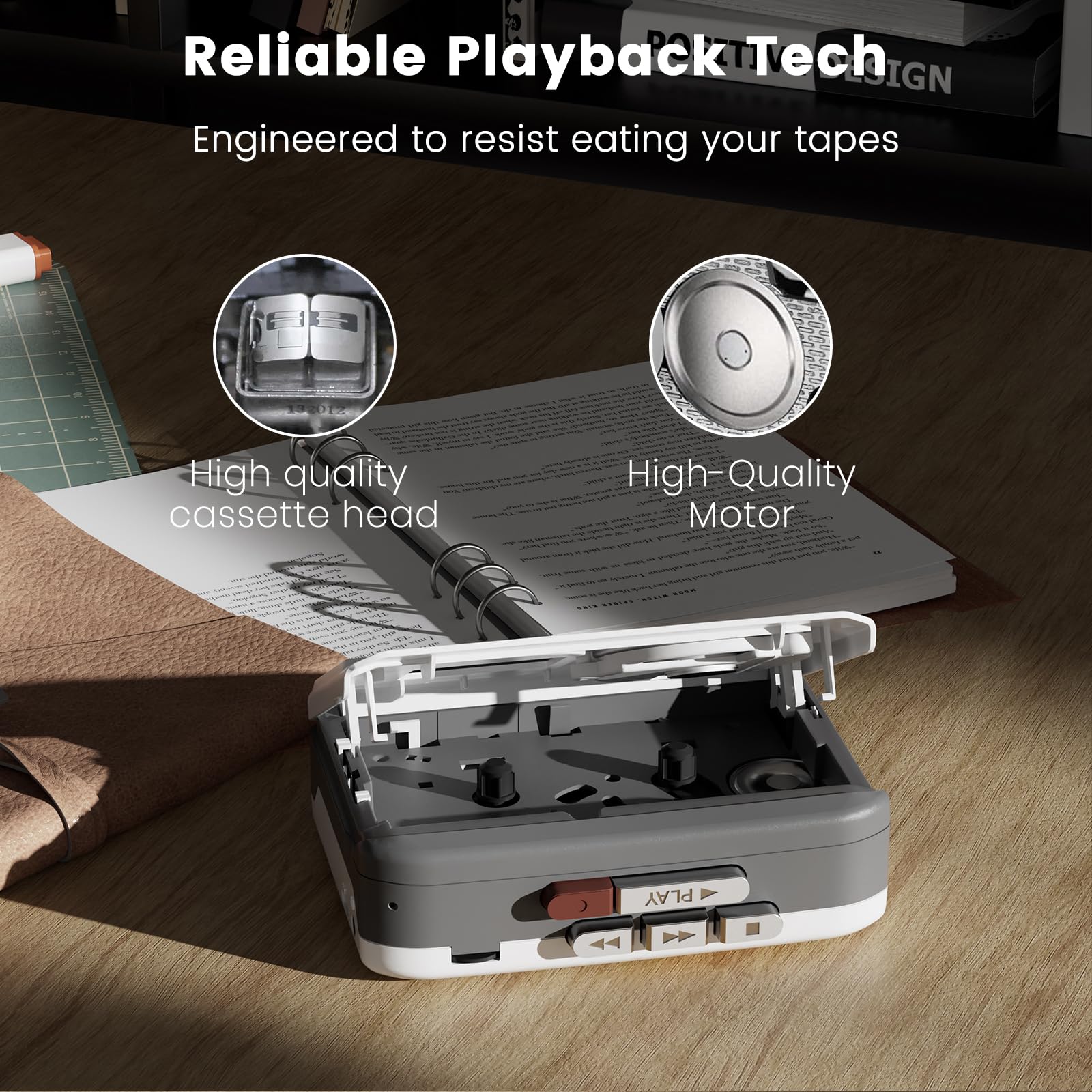 Reshow Cassette Tape Player Portable, Cassette Player Recorder with Built-in Speaker, USB-C Power, for Music Playback, Recording, Students, Travel, Nostalgic Music Lovers (Grey White) Grey White - Image 4