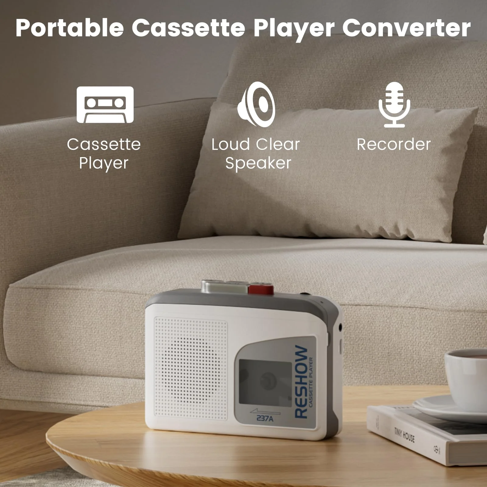 Reshow Cassette Tape Player Portable, Cassette Player Recorder with Built-in Speaker, USB-C Power, for Music Playback, Recording, Students, Travel, Nostalgic Music Lovers (Grey White) Grey White - Image 7