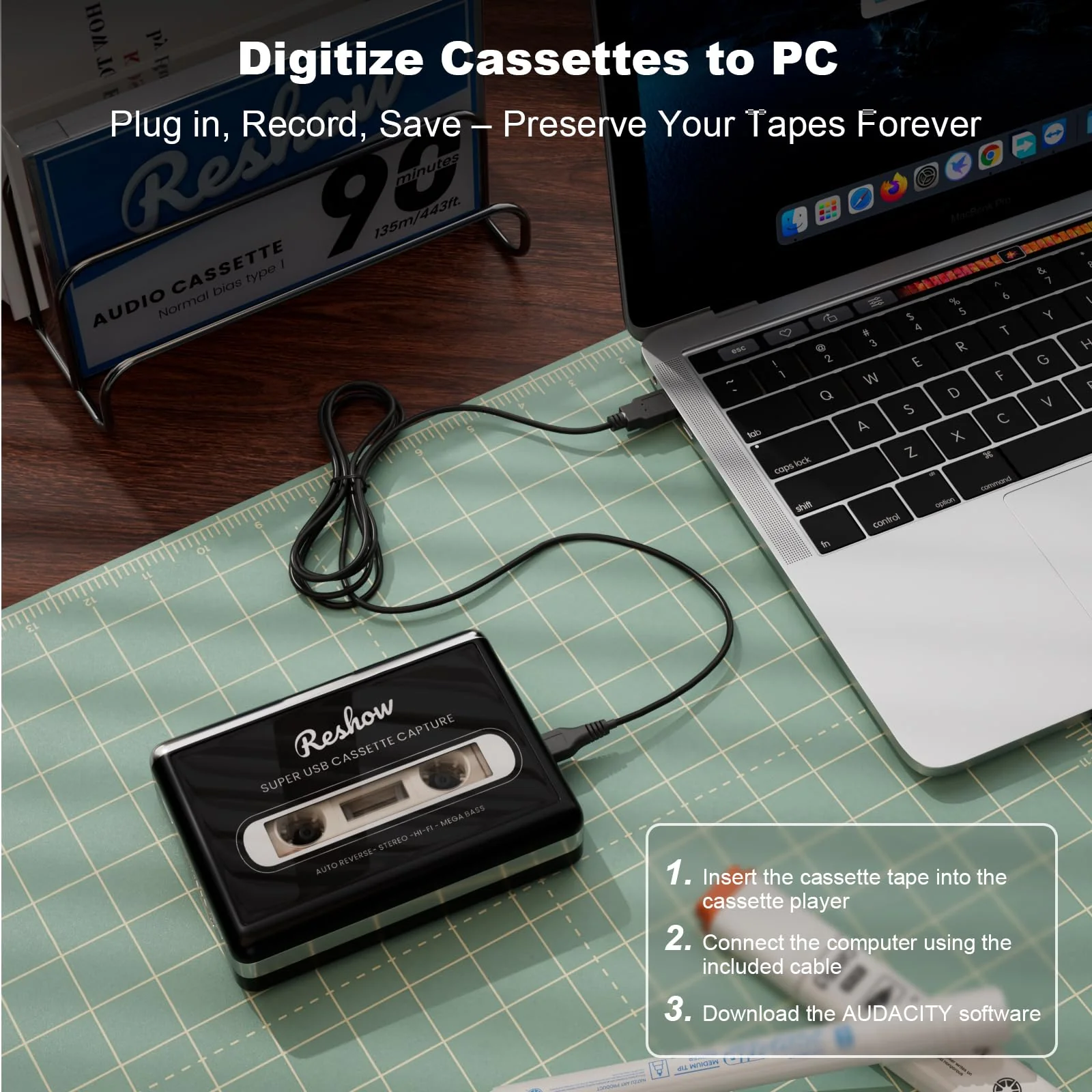 Reshow Cassette Tape Player, Portable Tape Player Audio Cassette to Digital Converter, Convert Cassette Tape Recorder to iPod Format Compatible with Laptops and Personal Computers - Black - Image 3
