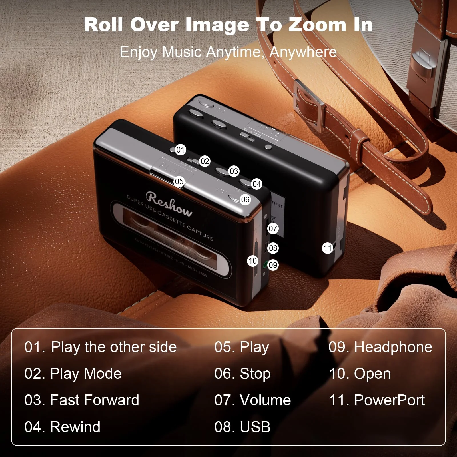 Reshow Cassette Tape Player, Portable Tape Player Audio Cassette to Digital Converter, Convert Cassette Tape Recorder to iPod Format Compatible with Laptops and Personal Computers - Black - Image 7