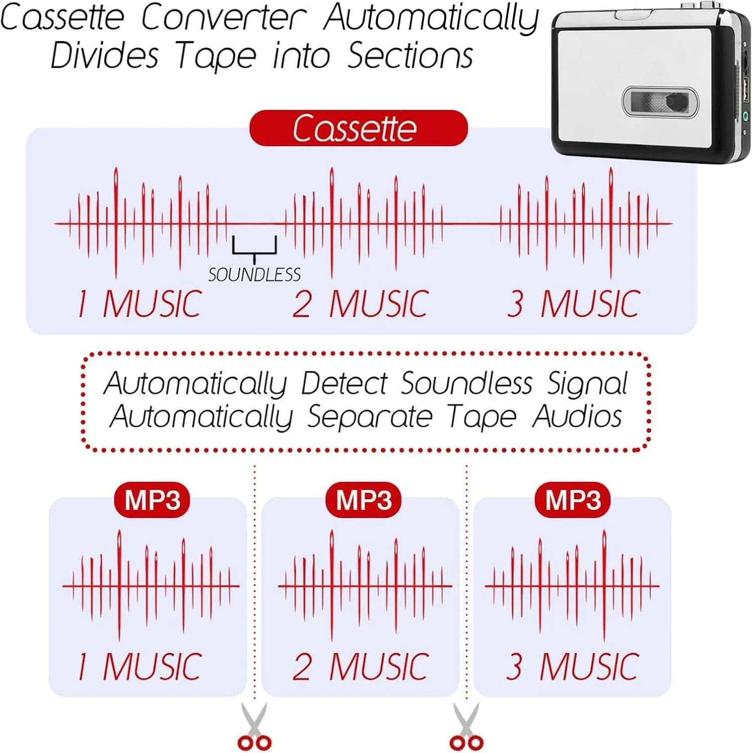 Reshow Portable Cassette Tape Player, Best Overall Standalone USB to MP3 Converter, Audio Cassette to Digital Converter Automatically Divides -Silver Silver - Image 4