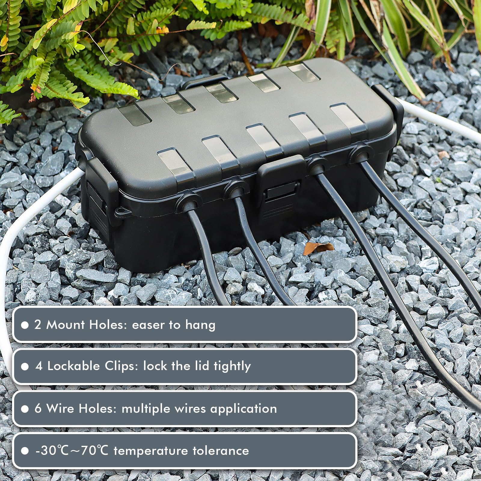 RESTMO Outdoor Electrical Box, IP54 Weatherproof Extension Cord Cover with 6 Cable Entry Ports, Waterproof Connection Box Protect Power Strip, Timer, Plug, Holiday Lights, (11.5x5.2x4 inch), Black 1 Pack - Image 4