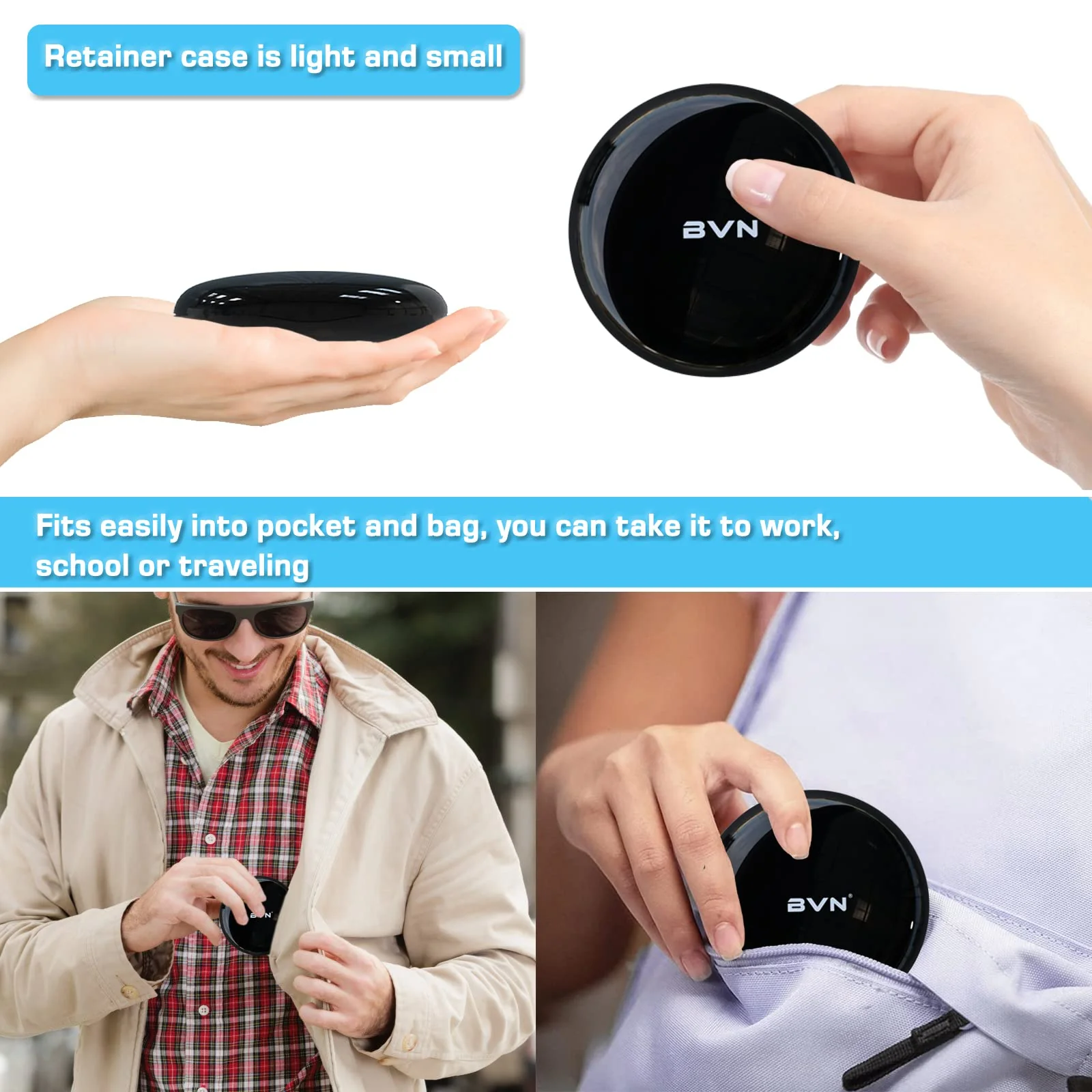 Retainer Case Orthodontic Dental Case: BVN Slim Braces Case, Mouth Guard Case, Denture Case, Teeth Aligner Case, Night Guard Case Container Storage Holder Black. Circular case Black Shell+blue Silicone Pad - Image 5
