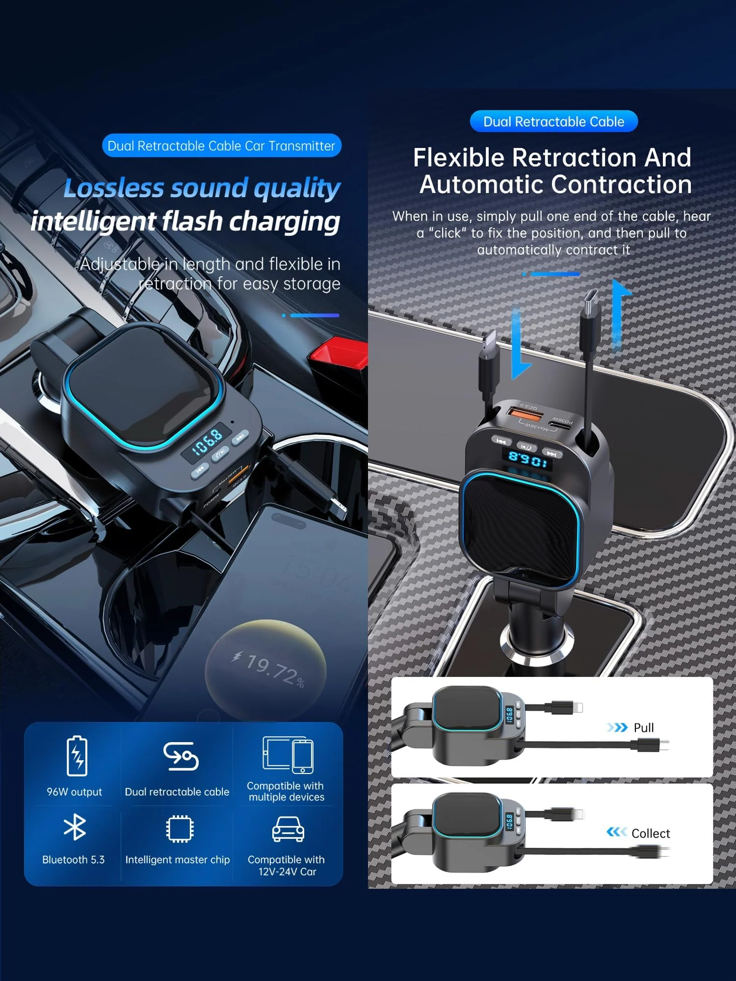 Retractable 96W Car Charger with Bluetooth 5.3 FM Transmitter for High Sound Quality, Easy Setup, 4-in-1 Fast Charging, Handsfree Calling, USB-C Adapter for iPhone 11-17 - Image 2