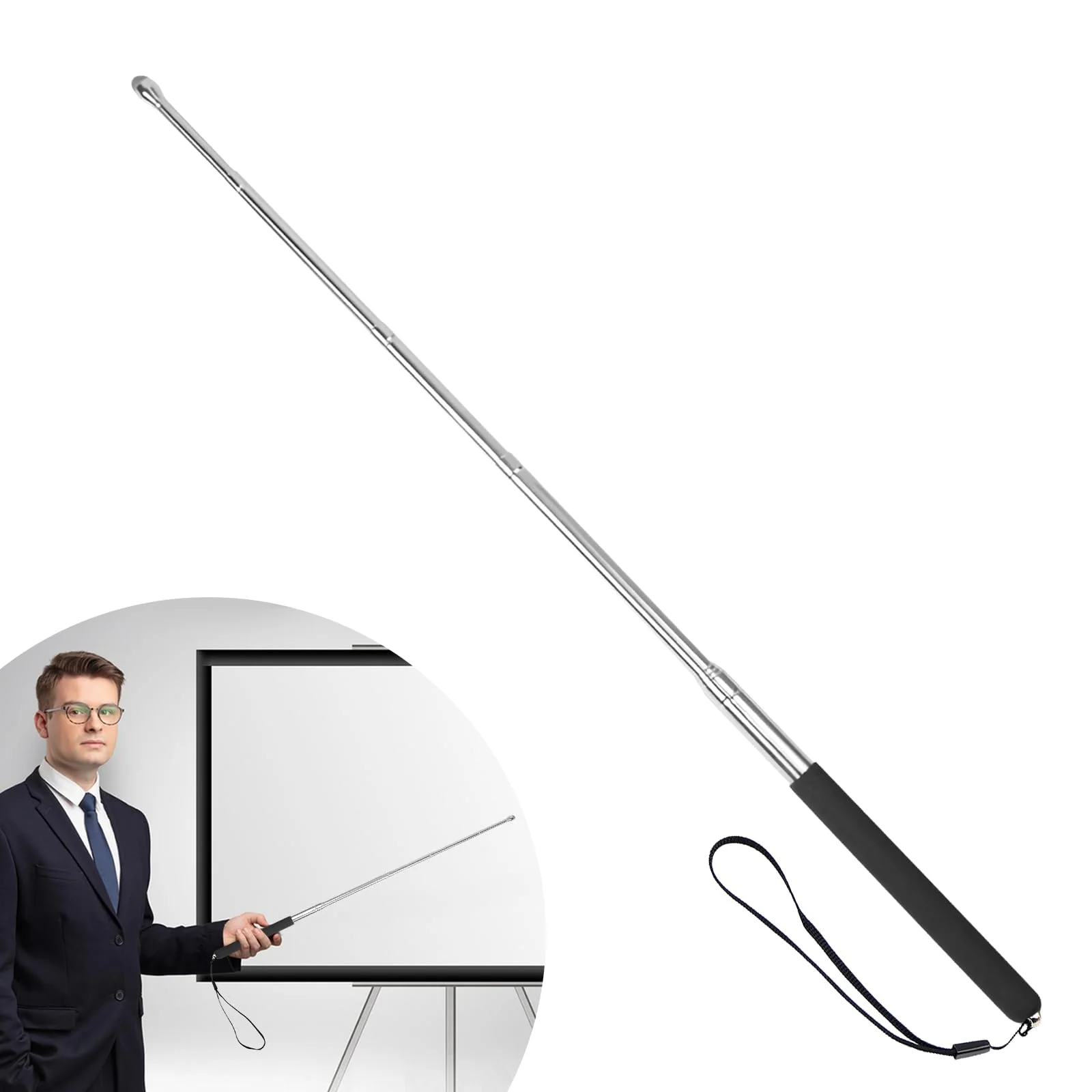 Retractable Teacher Pointer 𝟑𝟗.𝟓'', Pointer Stick with 𝗦𝘁𝘆𝗹𝘂𝘀 Smooth Sensitive Tablet Pen Stylus Pen, Teacher Coach Presenter Pointer with Lanyard Black