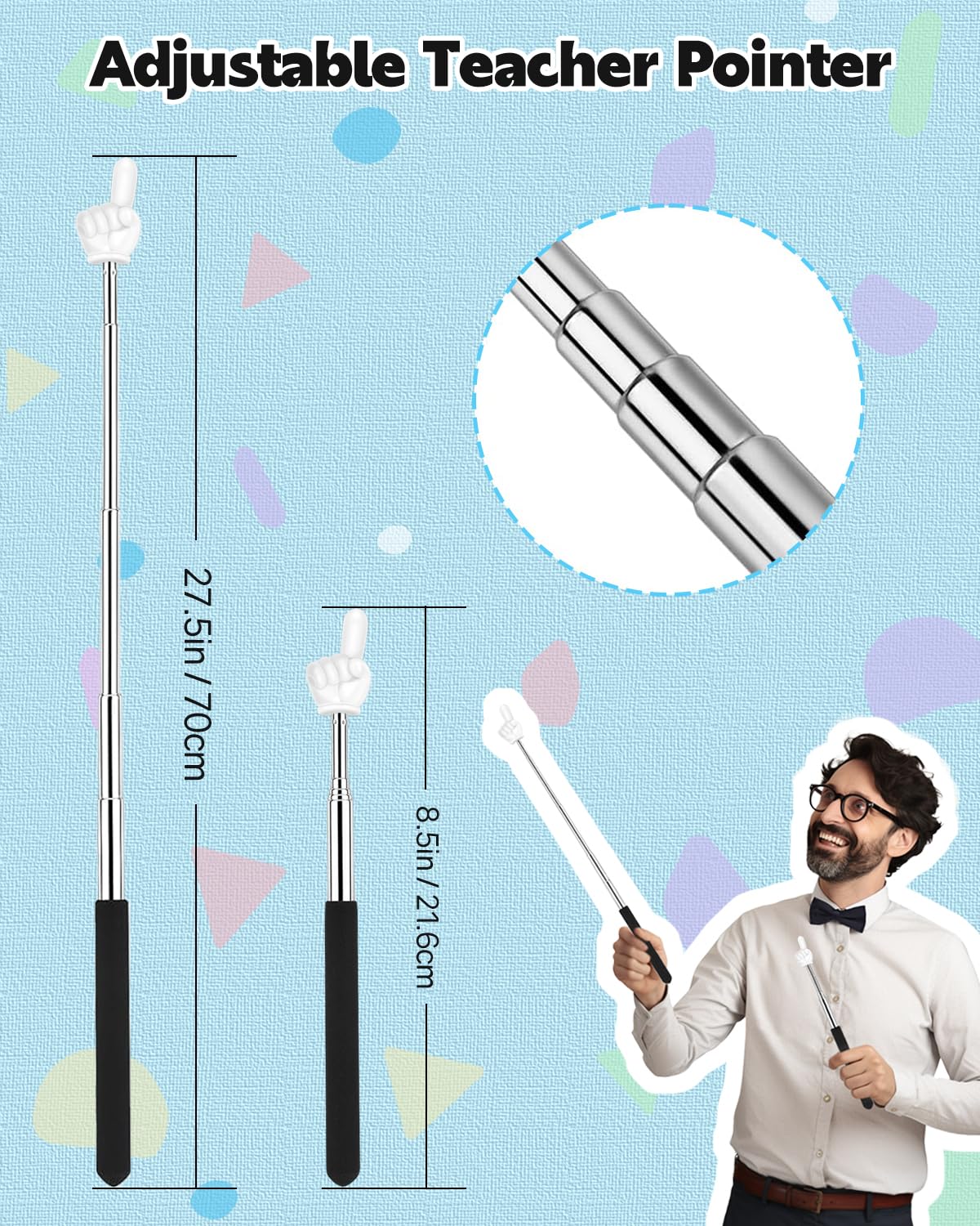 Retractable Teacher Pointer for Classroom Kids Reading, Dumero Extendable Finger Pointer Stick, School Collapsible Telescoping Long Hand Pointing Stick, Classroom Must Have Supplies Essentials, 2 Pack 2 Pack: Single-Finger Pointer - Image 2
